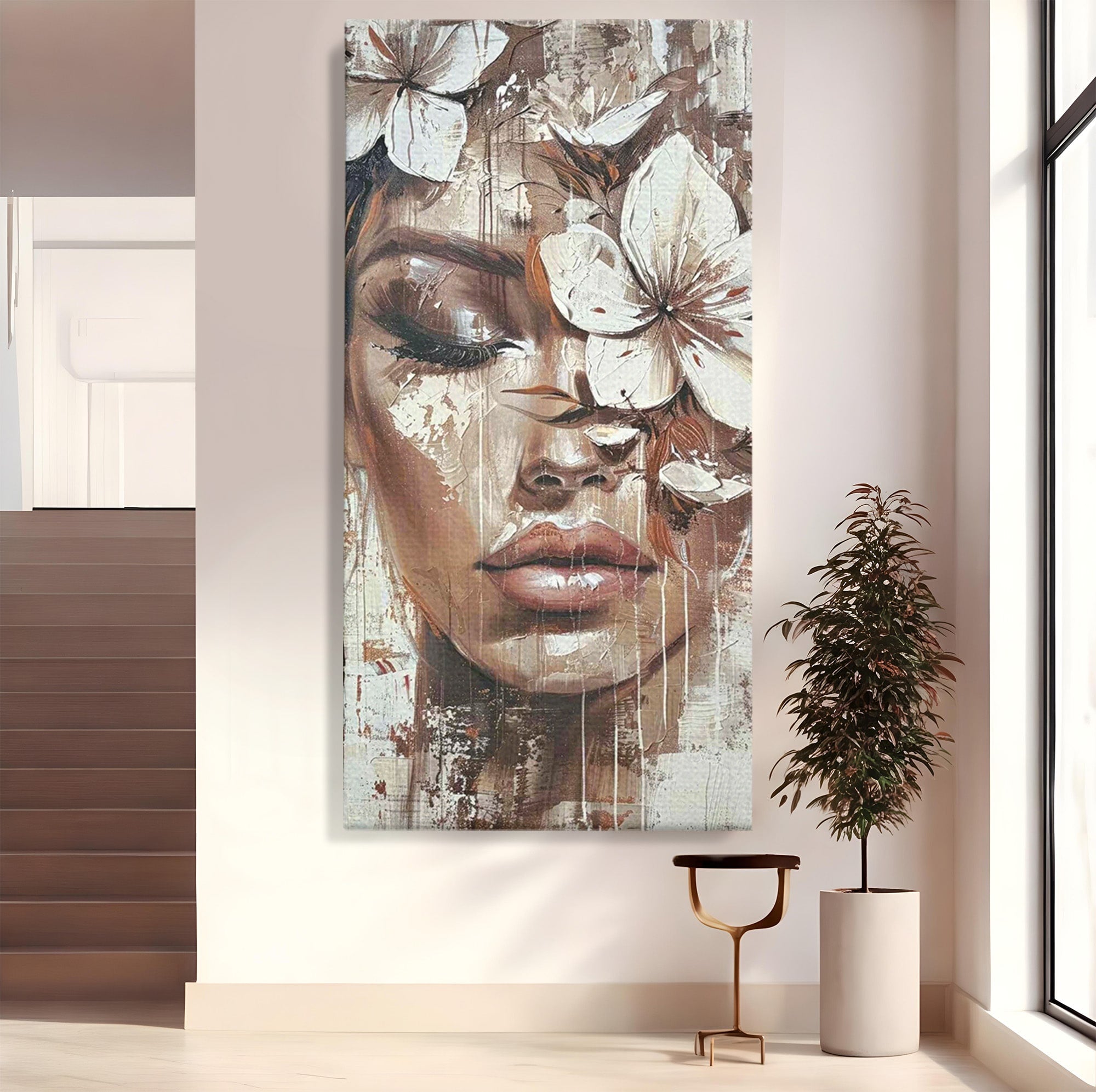 Tablou Canvas Premium LuxCanva® PI1104, Portret Cu Flori, Mister, Feminin, Flori, Living, Arta, Culori Vibrante