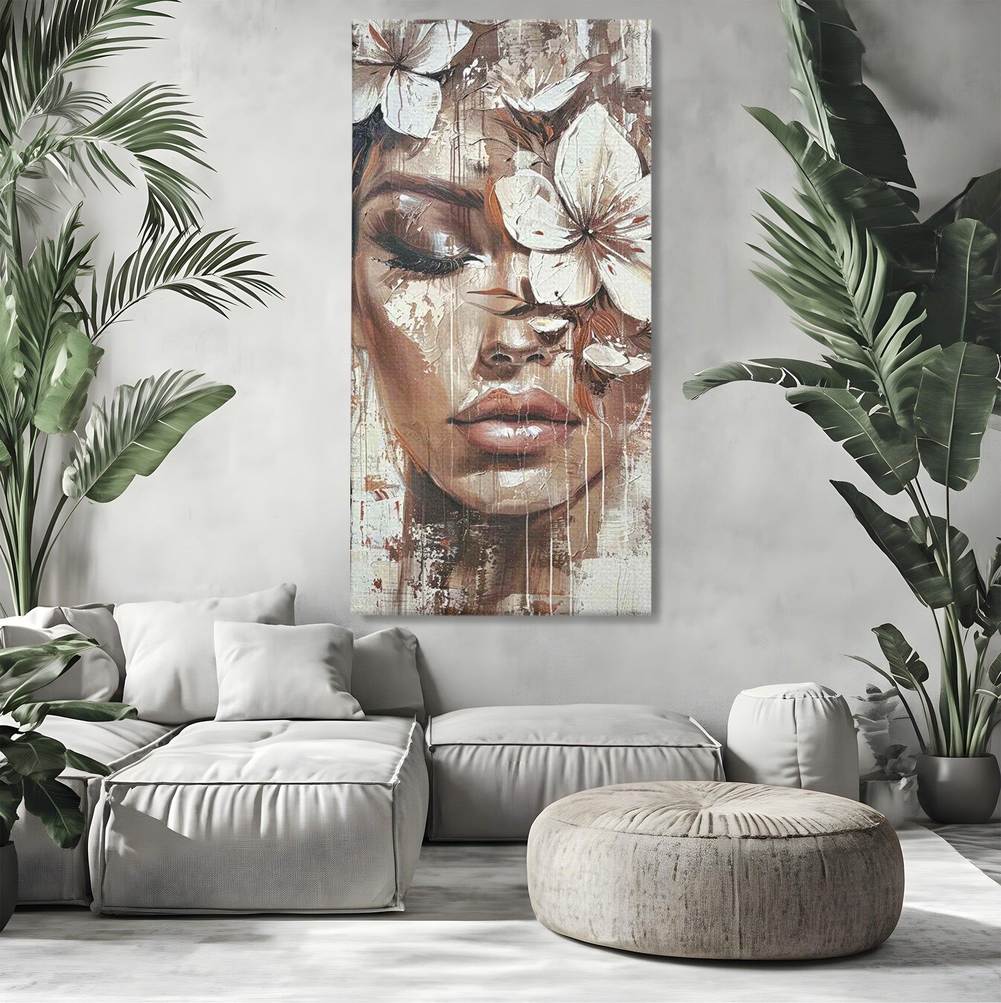 Tablou Canvas Premium LuxCanva® PI1104, Portret Cu Flori, Mister, Feminin, Flori, Living, Arta, Culori Vibrante