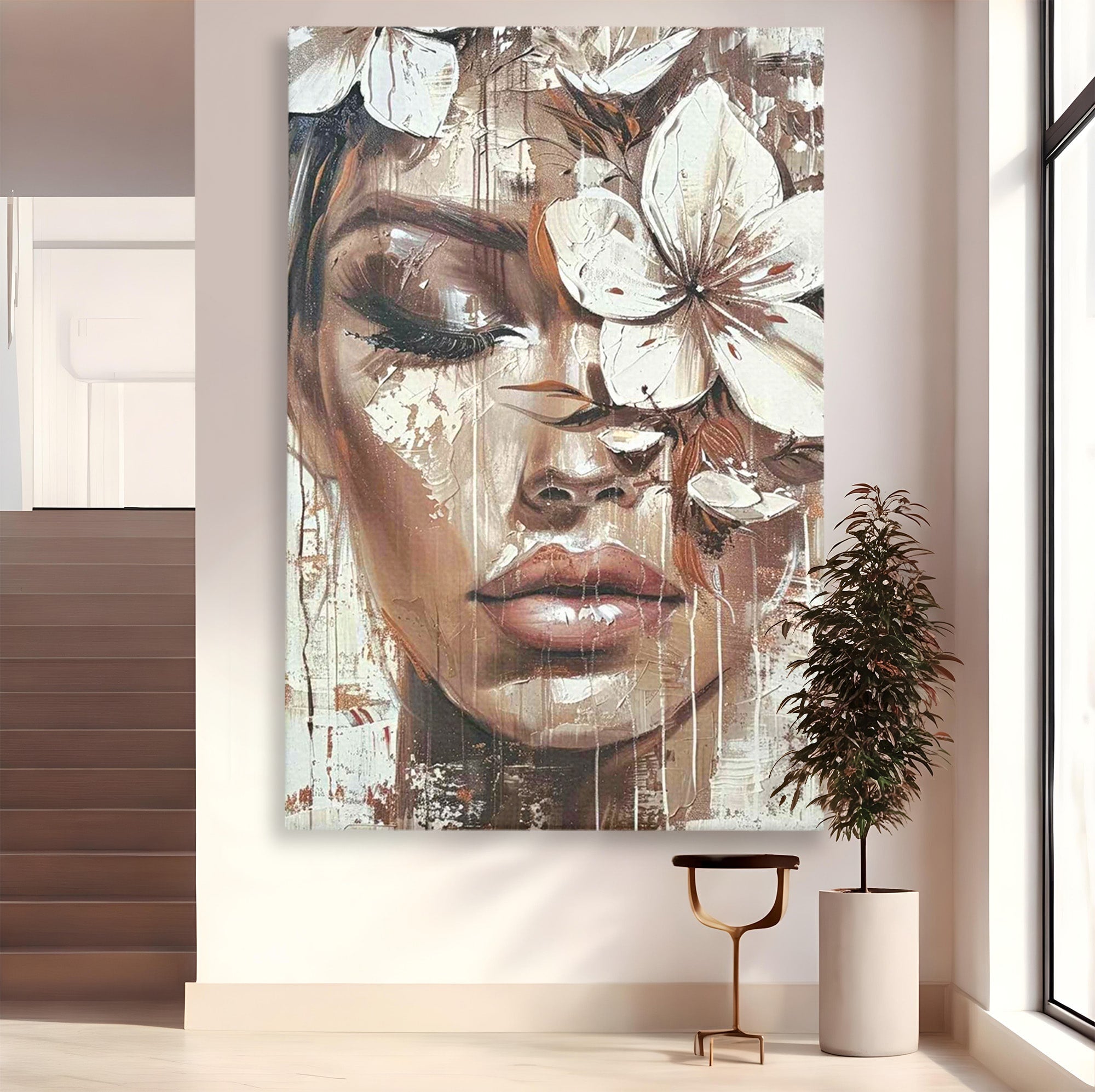 Tablou Canvas Premium LuxCanva® PI1104, Portret Cu Flori, Mister, Feminin, Flori, Living, Arta, Culori Vibrante