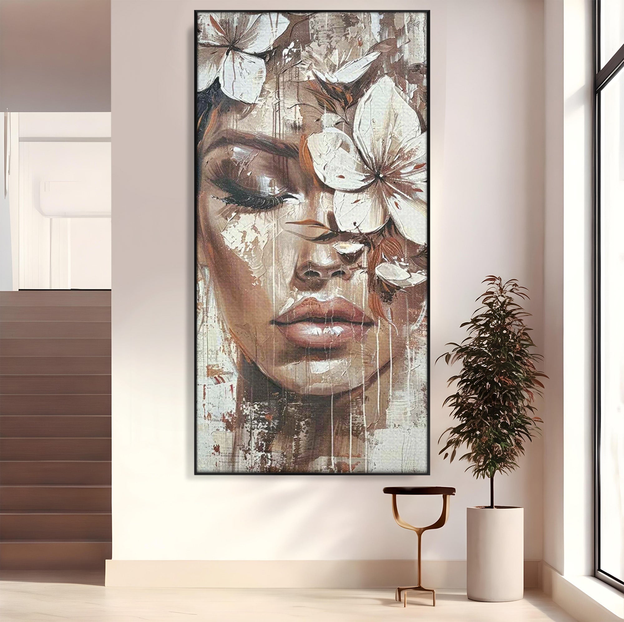 Tablou Canvas Premium LuxCanva® PI1104, Portret Cu Flori, Mister, Feminin, Flori, Living, Arta, Culori Vibrante