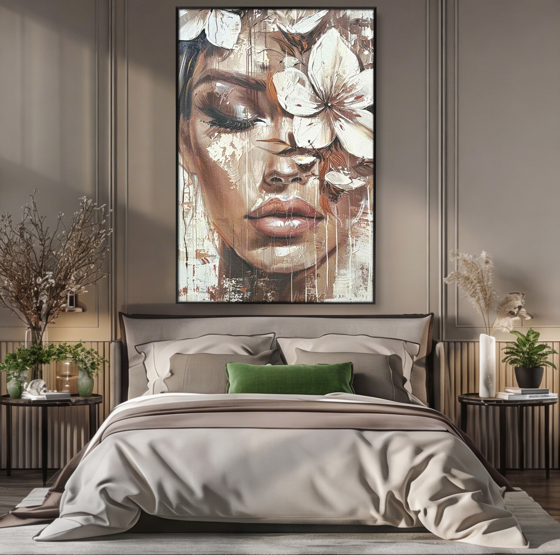 Tablou Canvas Premium LuxCanva® PI1104, Portret Cu Flori, Mister, Feminin, Flori, Living, Arta, Culori Vibrante