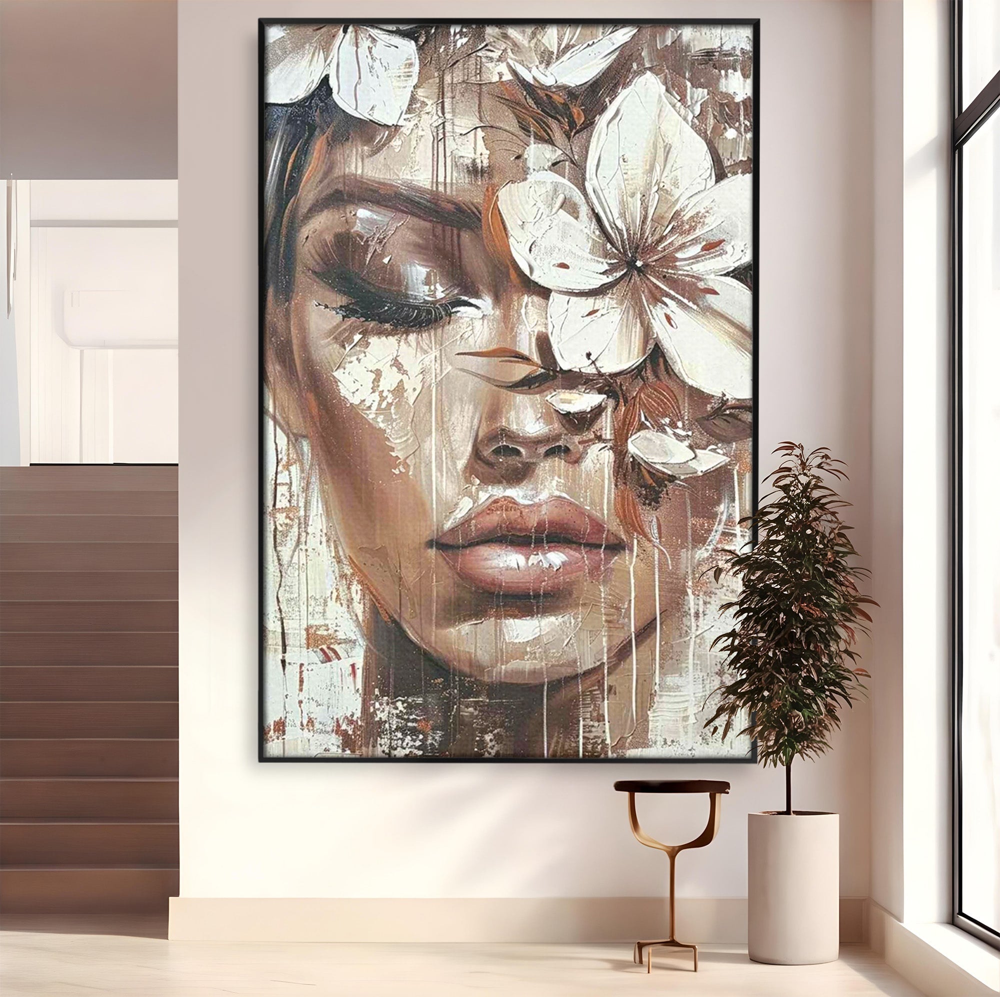 Tablou Canvas Premium LuxCanva® PI1104, Portret Cu Flori, Mister, Feminin, Flori, Living, Arta, Culori Vibrante