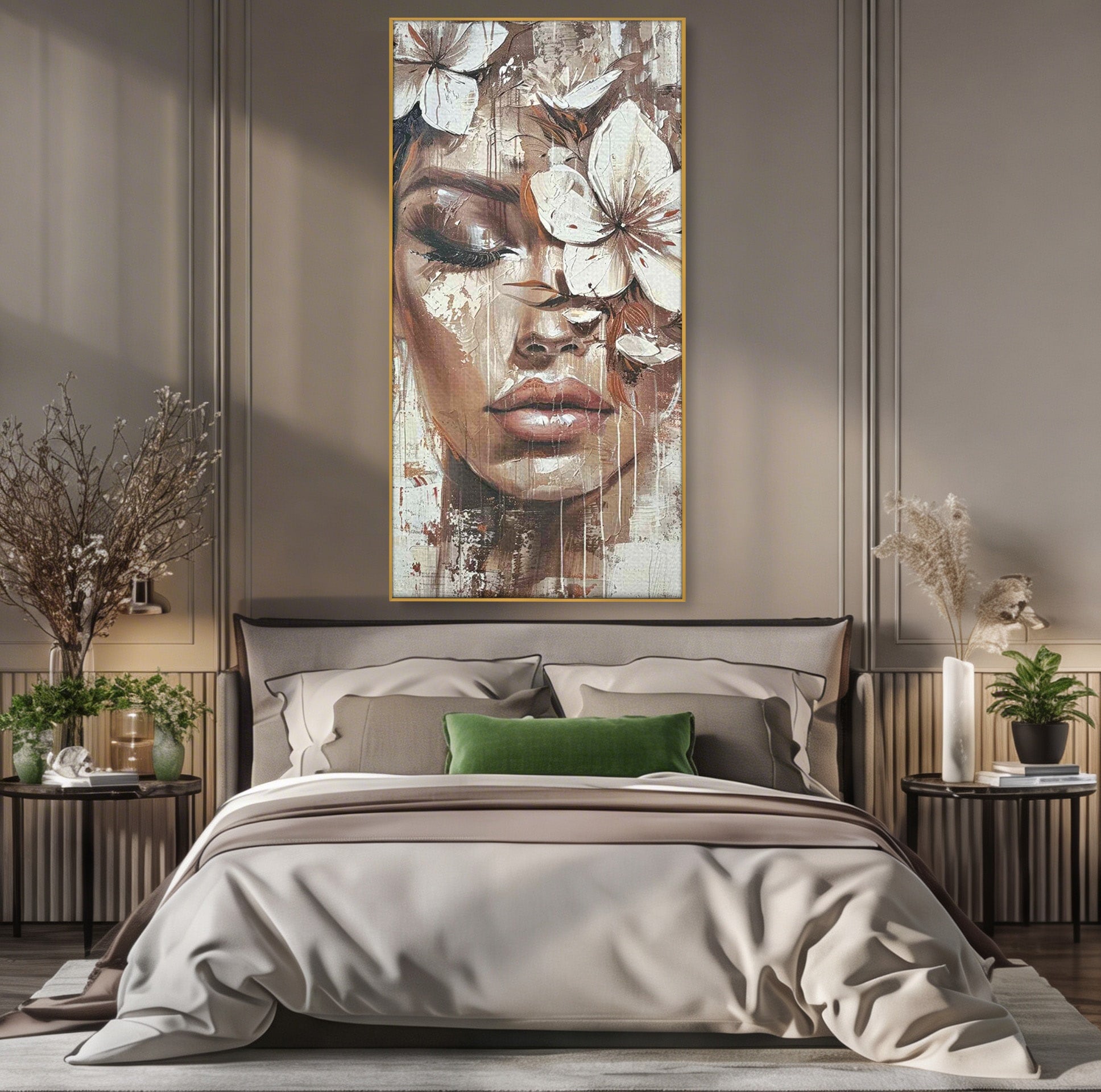 Tablou Canvas Premium LuxCanva® PI1104, Portret Cu Flori, Mister, Feminin, Flori, Living, Arta, Culori Vibrante