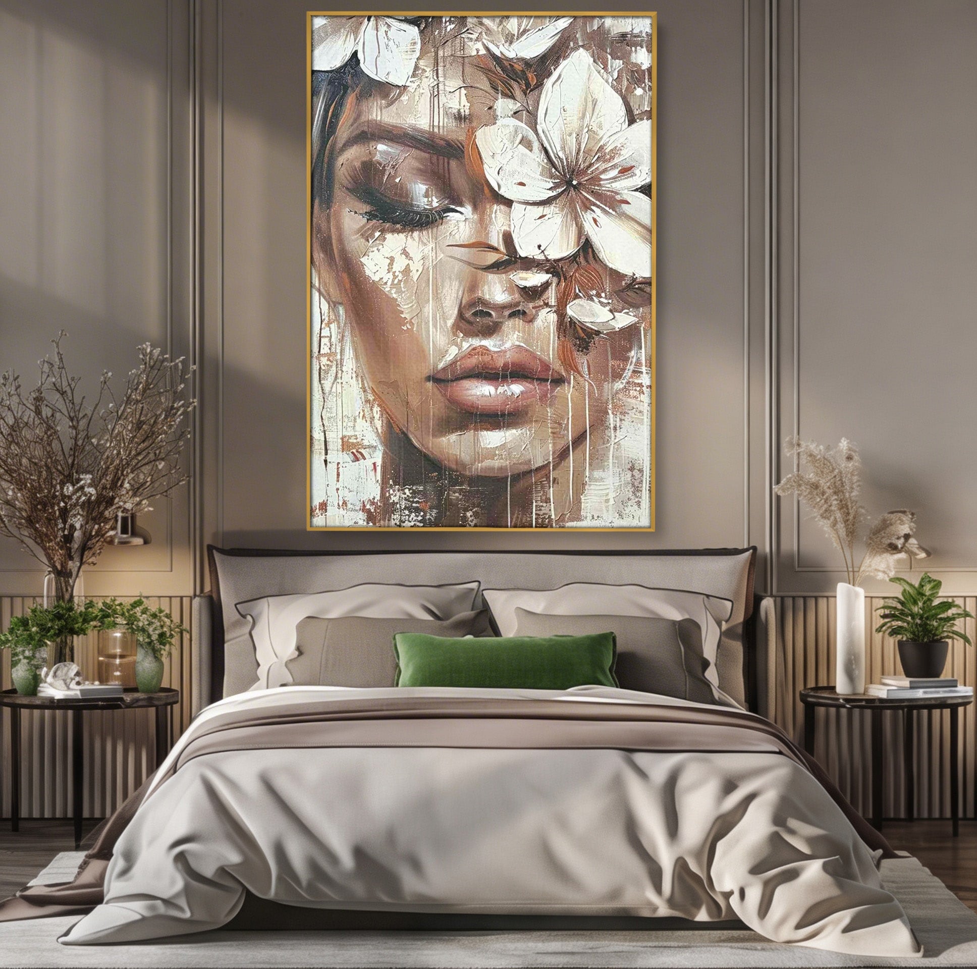 Tablou Canvas Premium LuxCanva® PI1104, Portret Cu Flori, Mister, Feminin, Flori, Living, Arta, Culori Vibrante