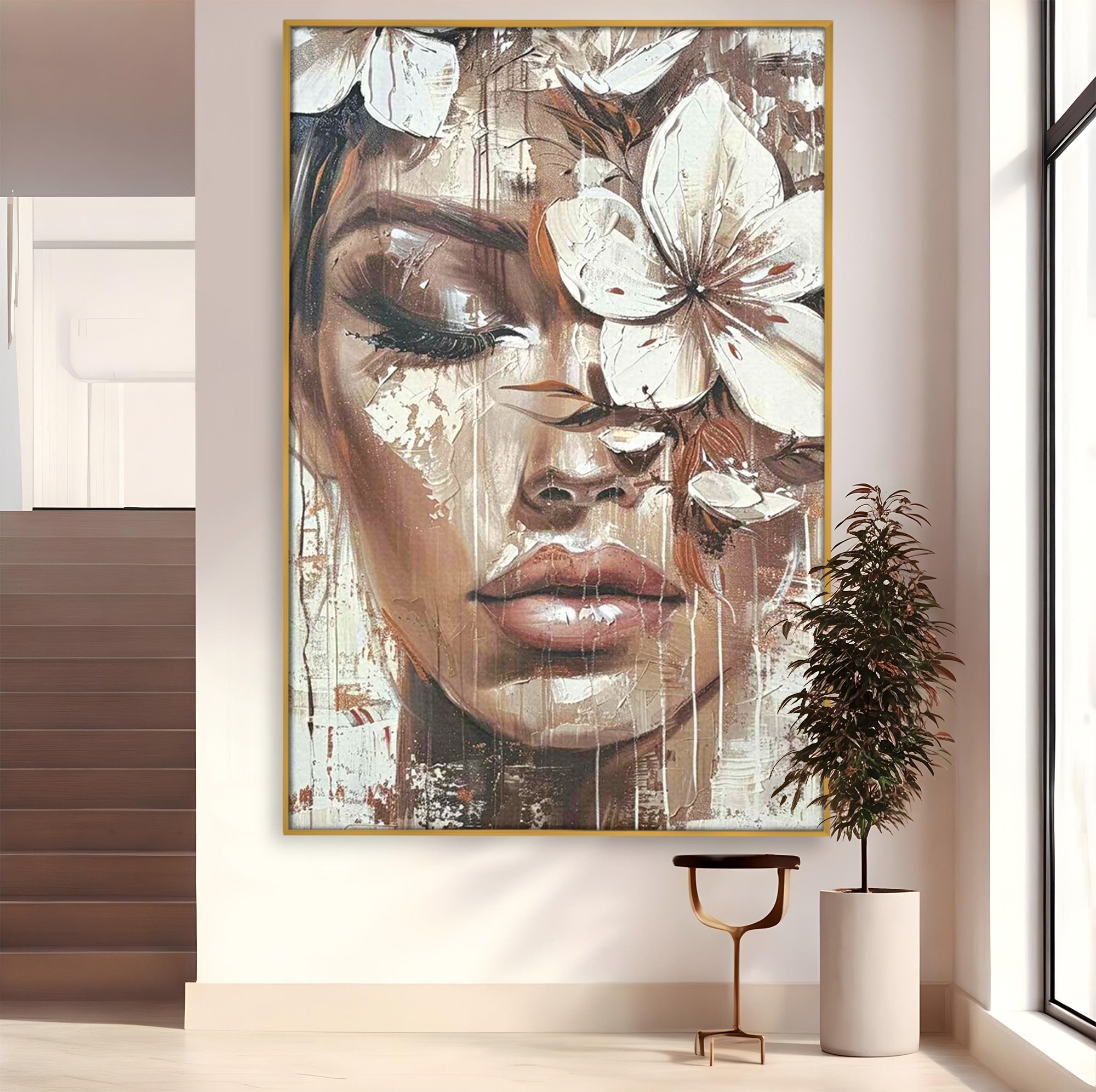 Tablou Canvas Premium LuxCanva® PI1104, Portret Cu Flori, Mister, Feminin, Flori, Living, Arta, Culori Vibrante