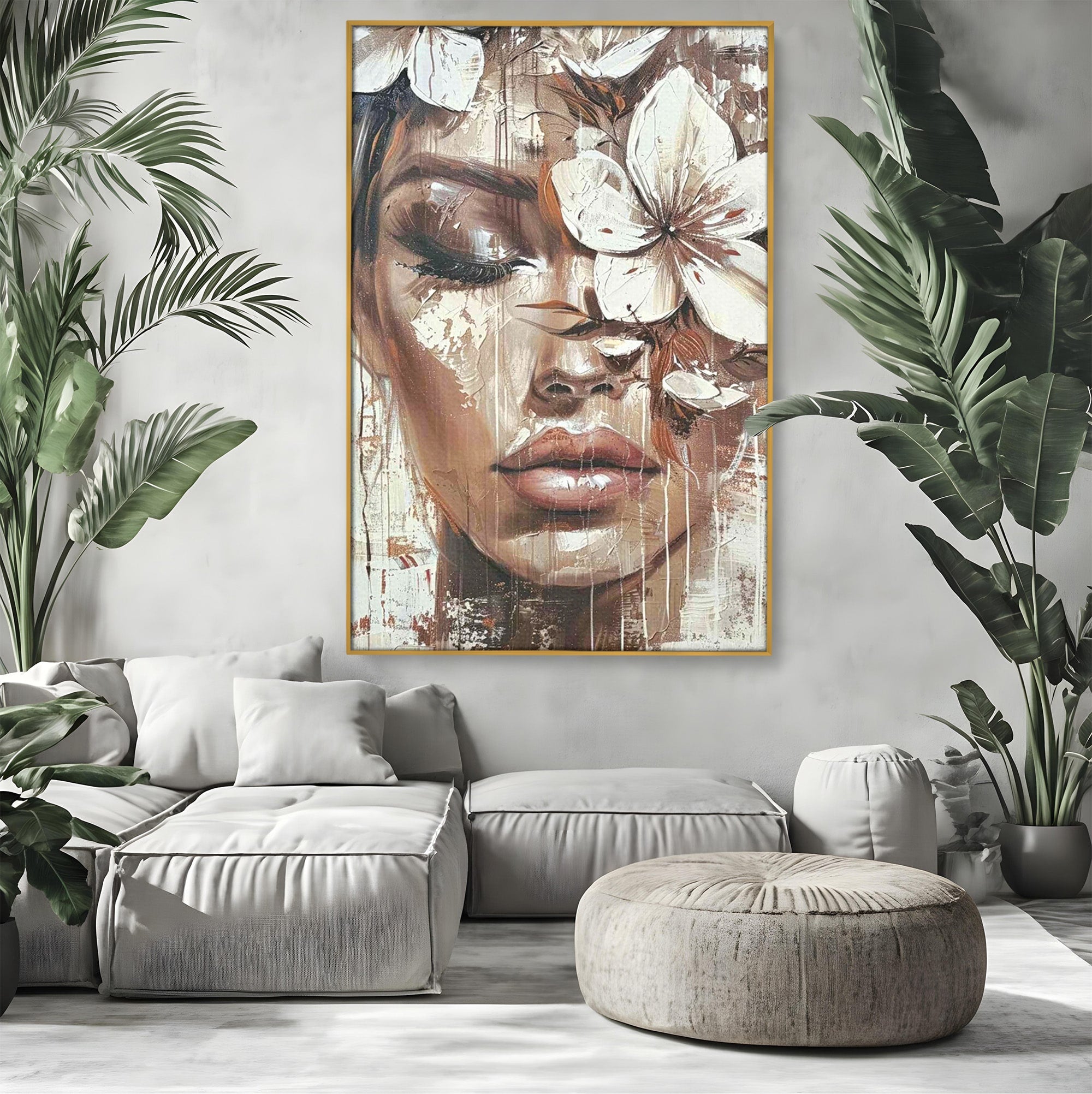 Tablou Canvas Premium LuxCanva® PI1104, Portret Cu Flori, Mister, Feminin, Flori, Living, Arta, Culori Vibrante