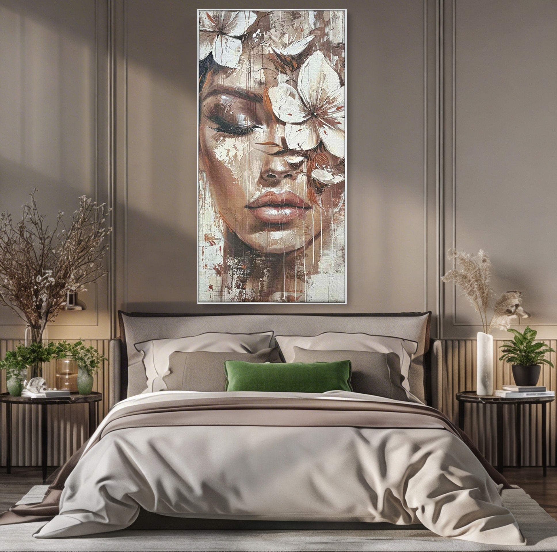 Tablou Canvas Premium LuxCanva® PI1104, Portret Cu Flori, Mister, Feminin, Flori, Living, Arta, Culori Vibrante