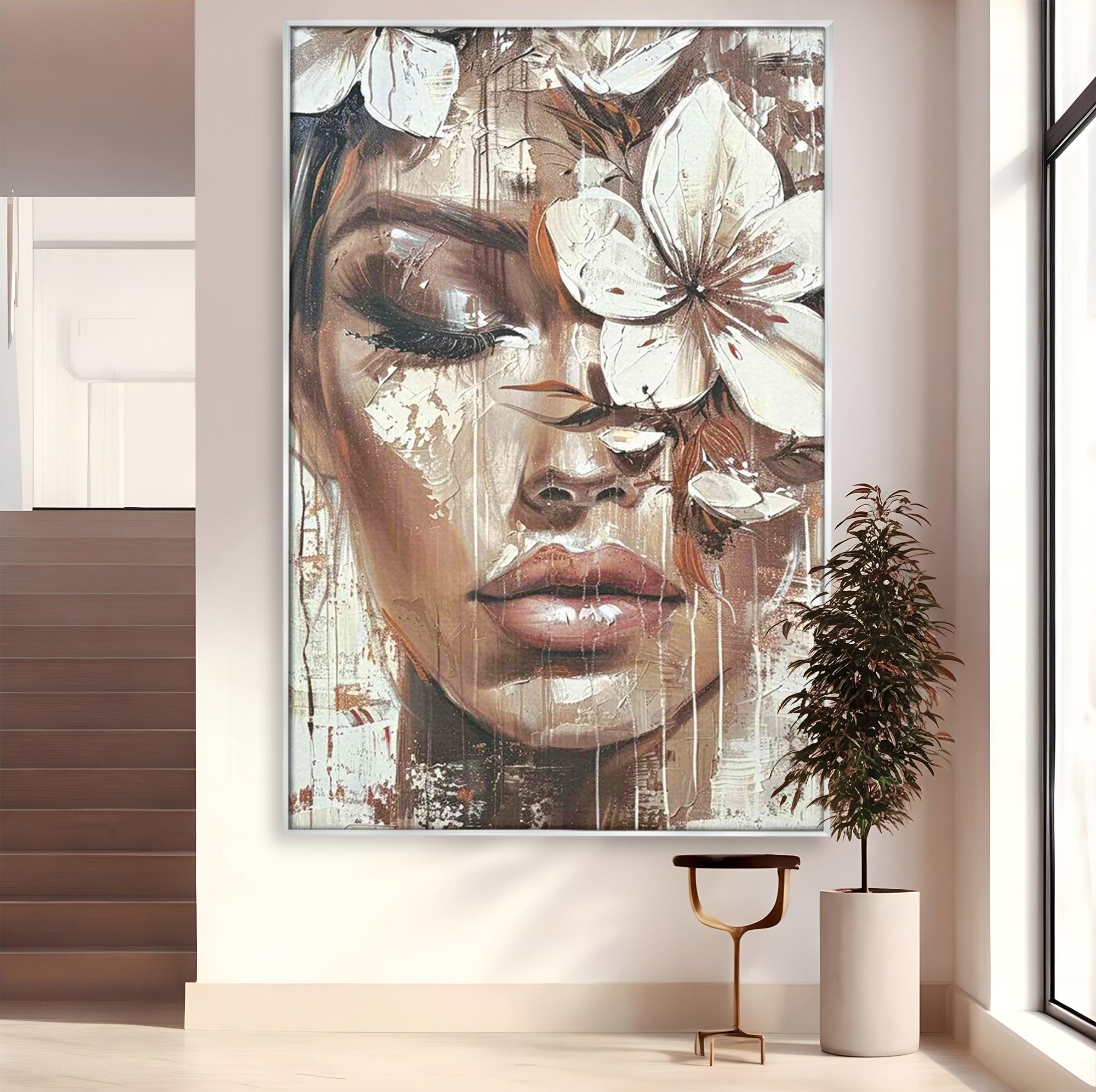 Tablou Canvas Premium LuxCanva® PI1104, Portret Cu Flori, Mister, Feminin, Flori, Living, Arta, Culori Vibrante