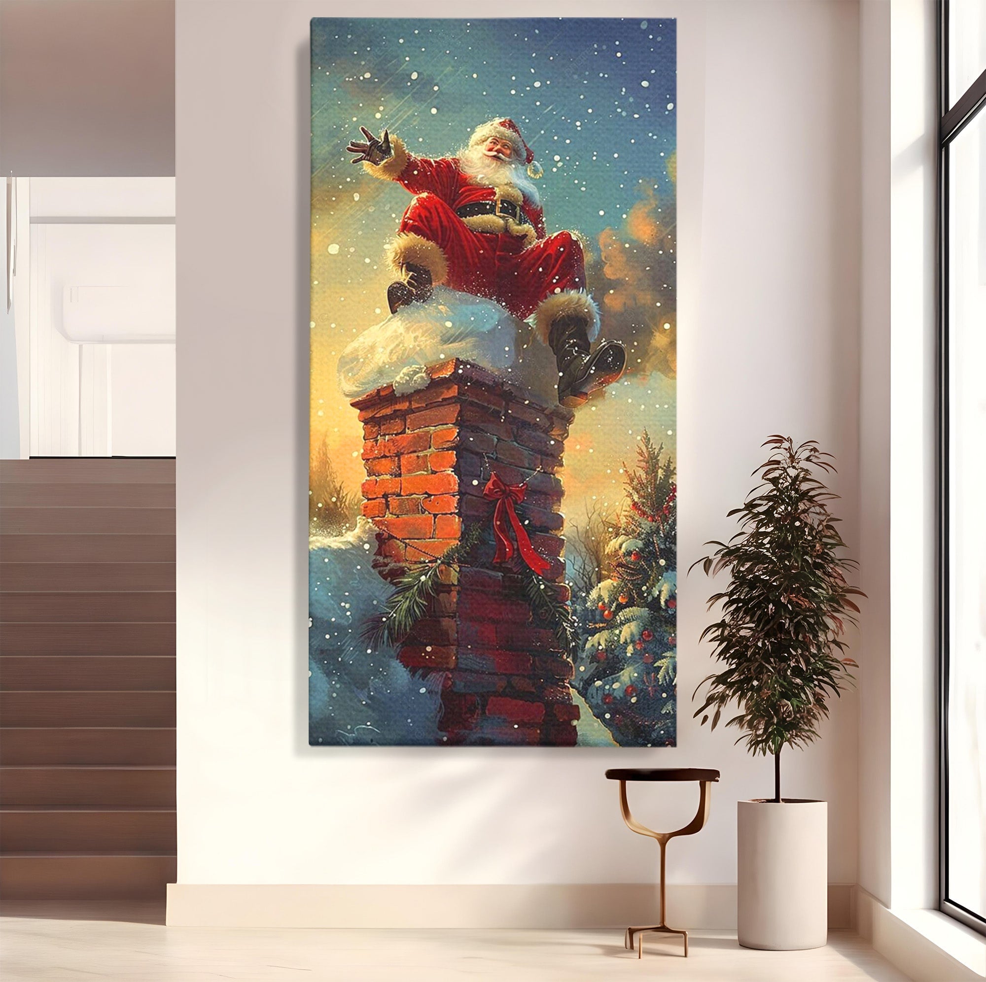 Tablou Canvas Premium LuxCanva® PI1105, Mos Craciun Pe Cos, Surpriza, Horn, Sarbatori, Zapada, Living, Culori Vibrante