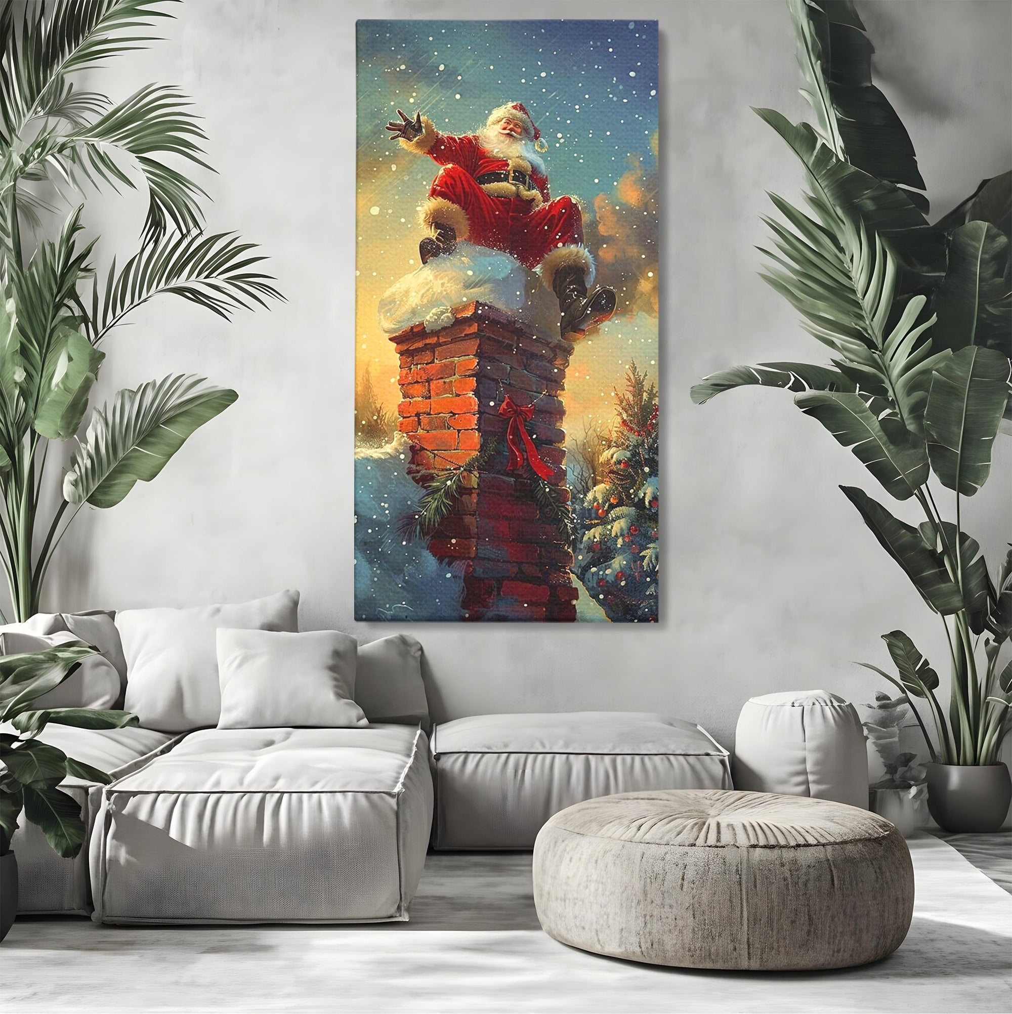 Tablou Canvas Premium LuxCanva® PI1105, Mos Craciun Pe Cos, Surpriza, Horn, Sarbatori, Zapada, Living, Culori Vibrante