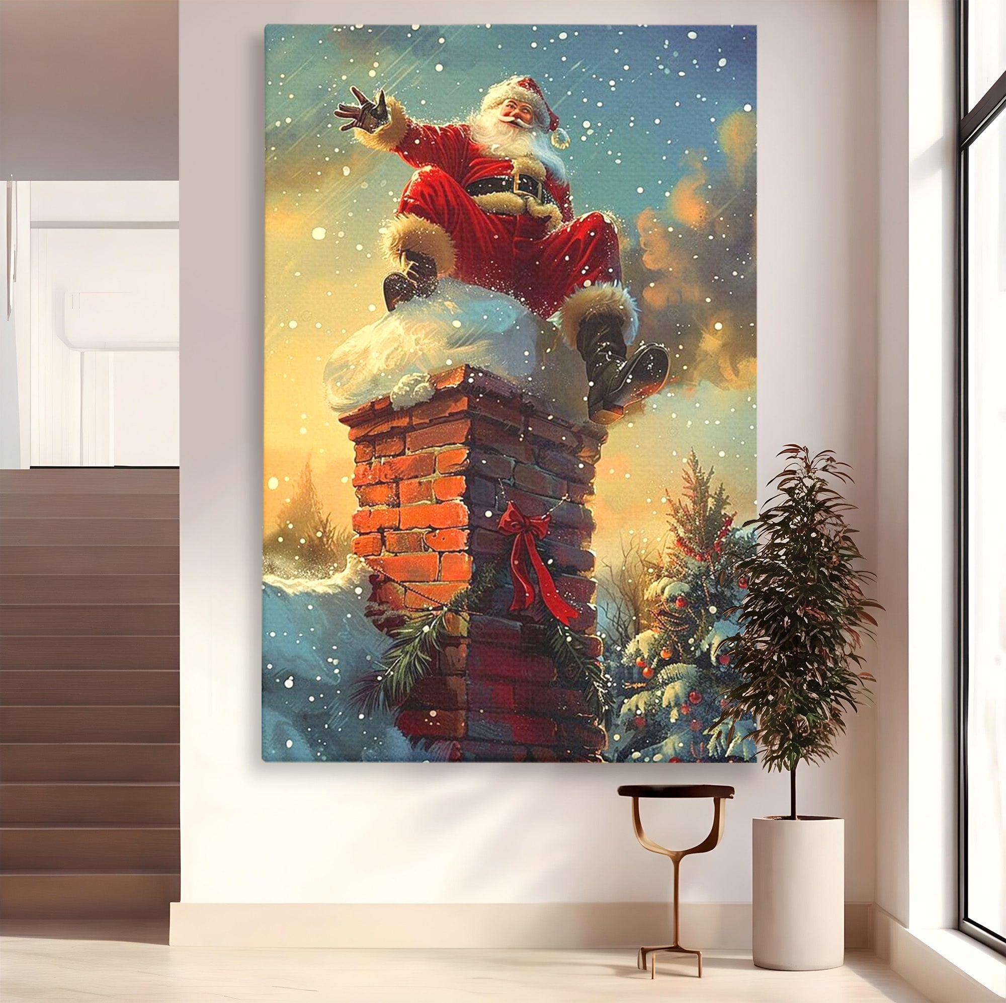 Tablou Canvas Premium LuxCanva® PI1105, Mos Craciun Pe Cos, Surpriza, Horn, Sarbatori, Zapada, Living, Culori Vibrante