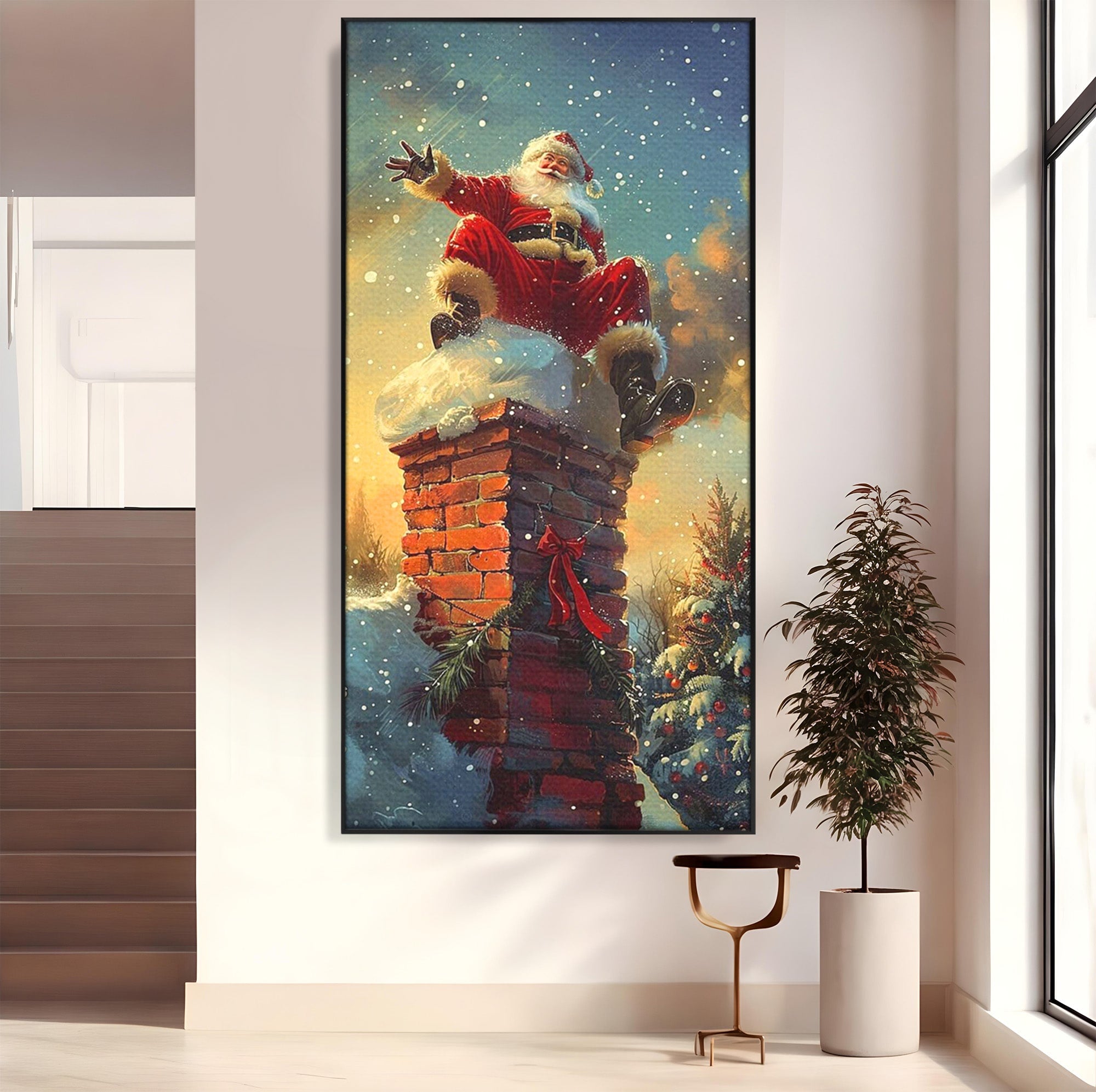 Tablou Canvas Premium LuxCanva® PI1105, Mos Craciun Pe Cos, Surpriza, Horn, Sarbatori, Zapada, Living, Culori Vibrante