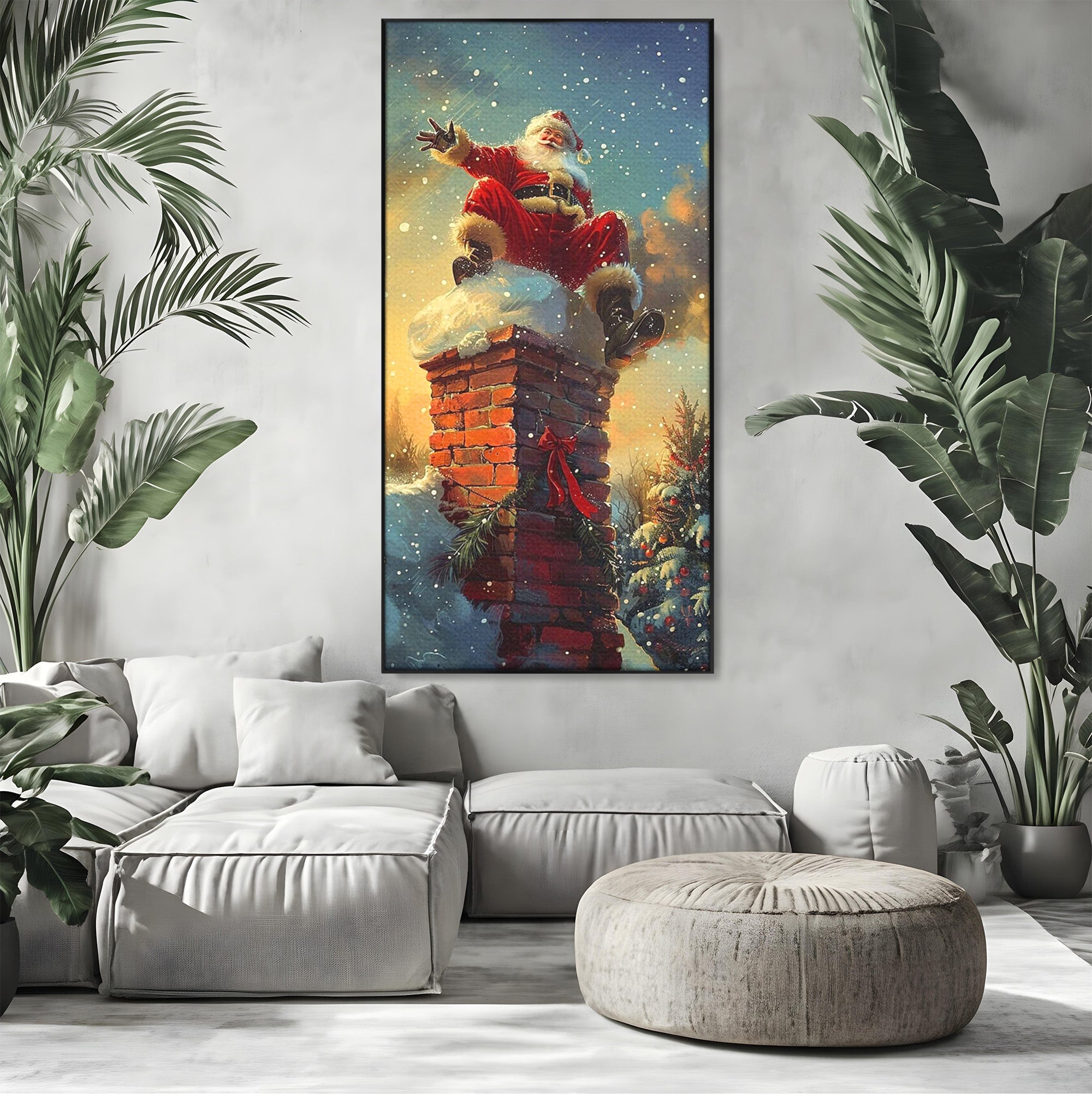 Tablou Canvas Premium LuxCanva® PI1105, Mos Craciun Pe Cos, Surpriza, Horn, Sarbatori, Zapada, Living, Culori Vibrante