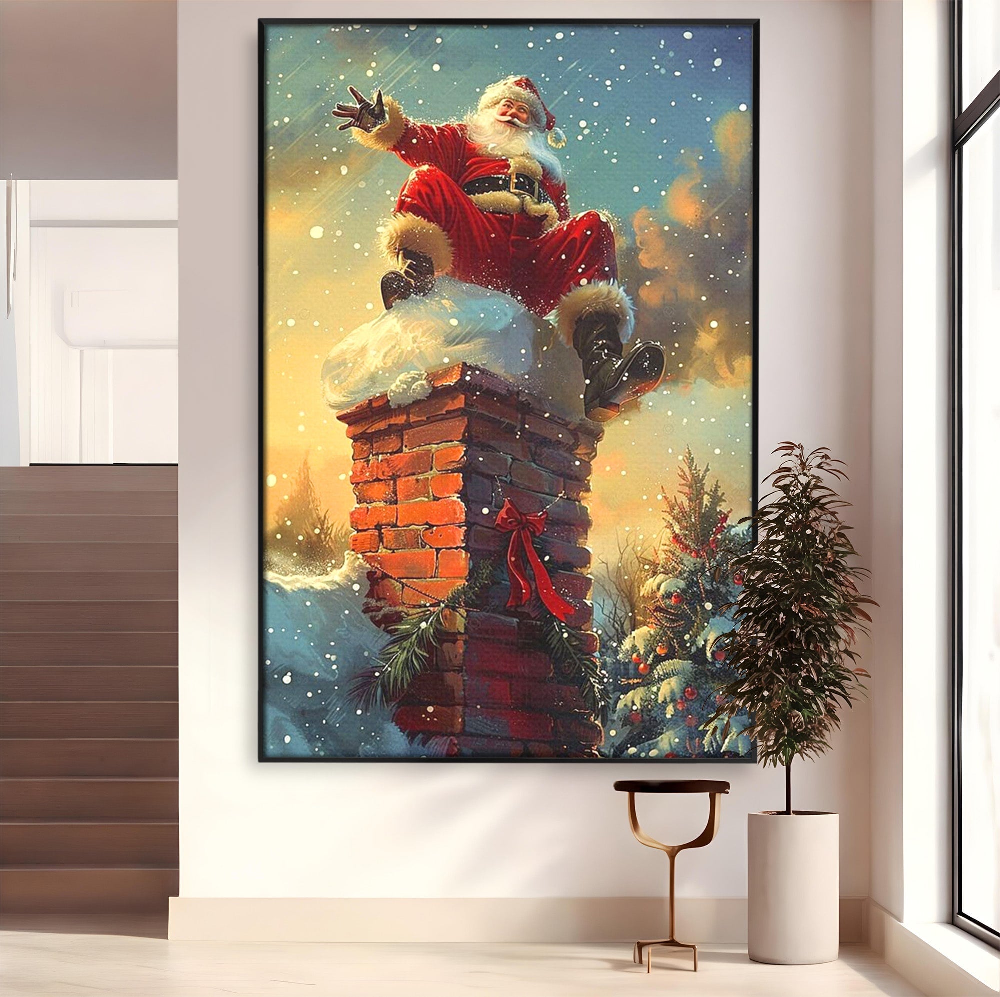 Tablou Canvas Premium LuxCanva® PI1105, Mos Craciun Pe Cos, Surpriza, Horn, Sarbatori, Zapada, Living, Culori Vibrante