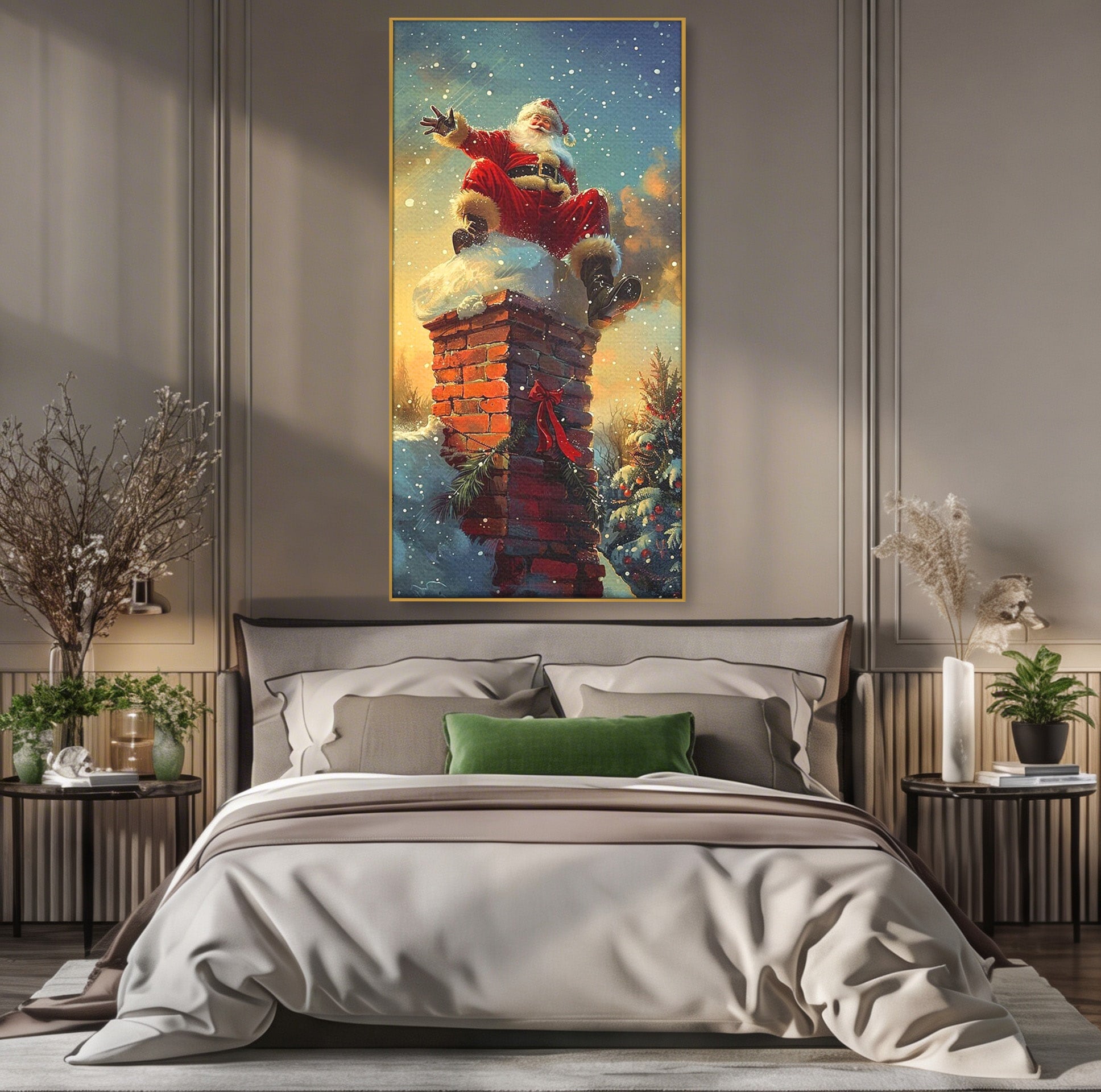 Tablou Canvas Premium LuxCanva® PI1105, Mos Craciun Pe Cos, Surpriza, Horn, Sarbatori, Zapada, Living, Culori Vibrante