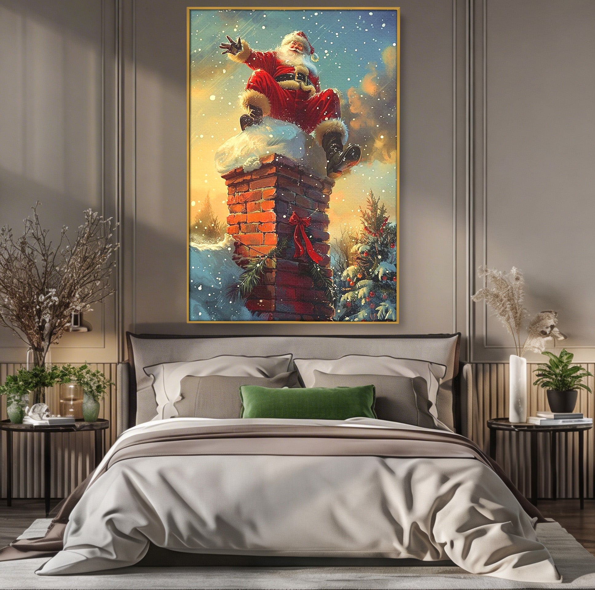Tablou Canvas Premium LuxCanva® PI1105, Mos Craciun Pe Cos, Surpriza, Horn, Sarbatori, Zapada, Living, Culori Vibrante