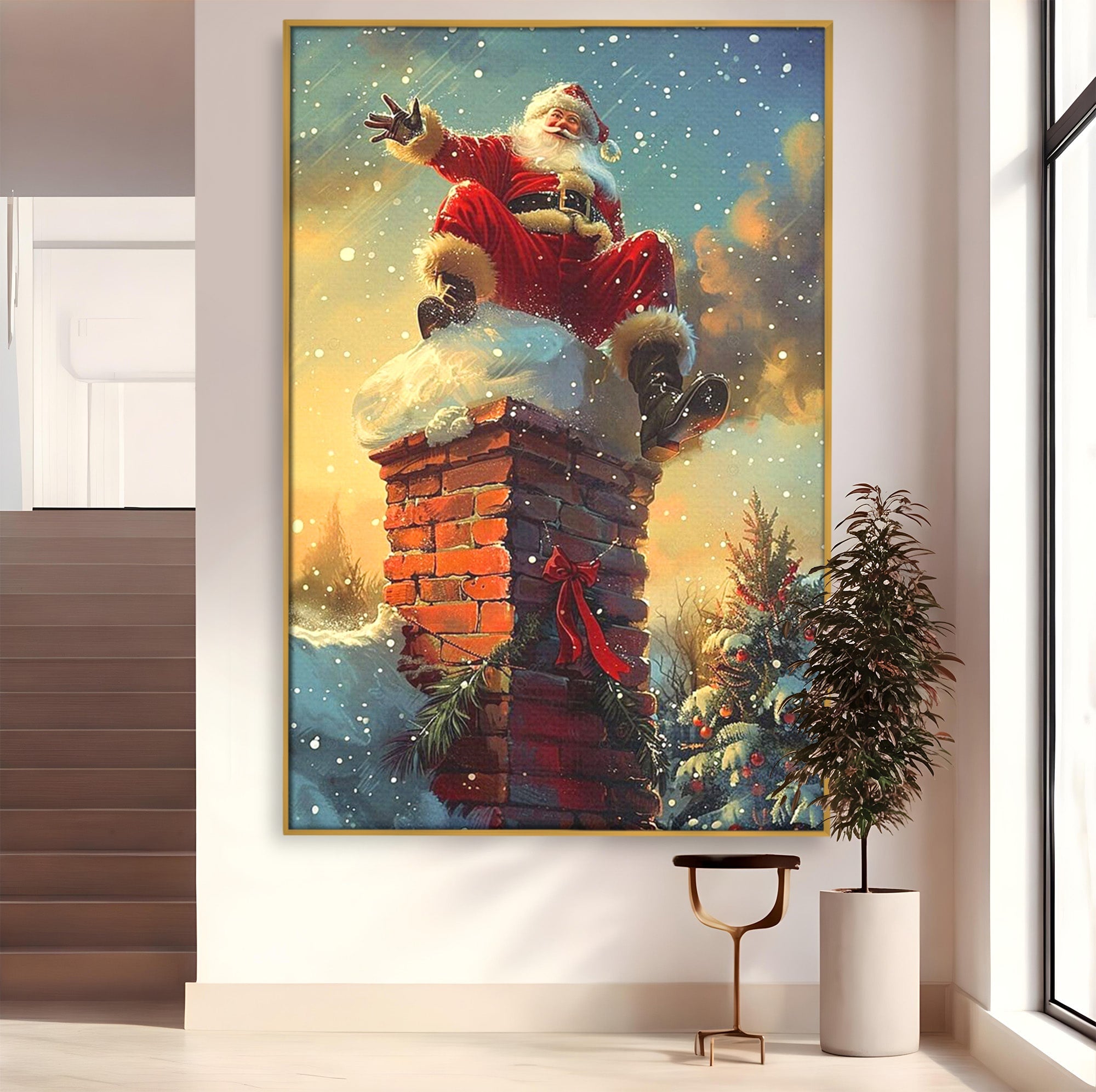 Tablou Canvas Premium LuxCanva® PI1105, Mos Craciun Pe Cos, Surpriza, Horn, Sarbatori, Zapada, Living, Culori Vibrante