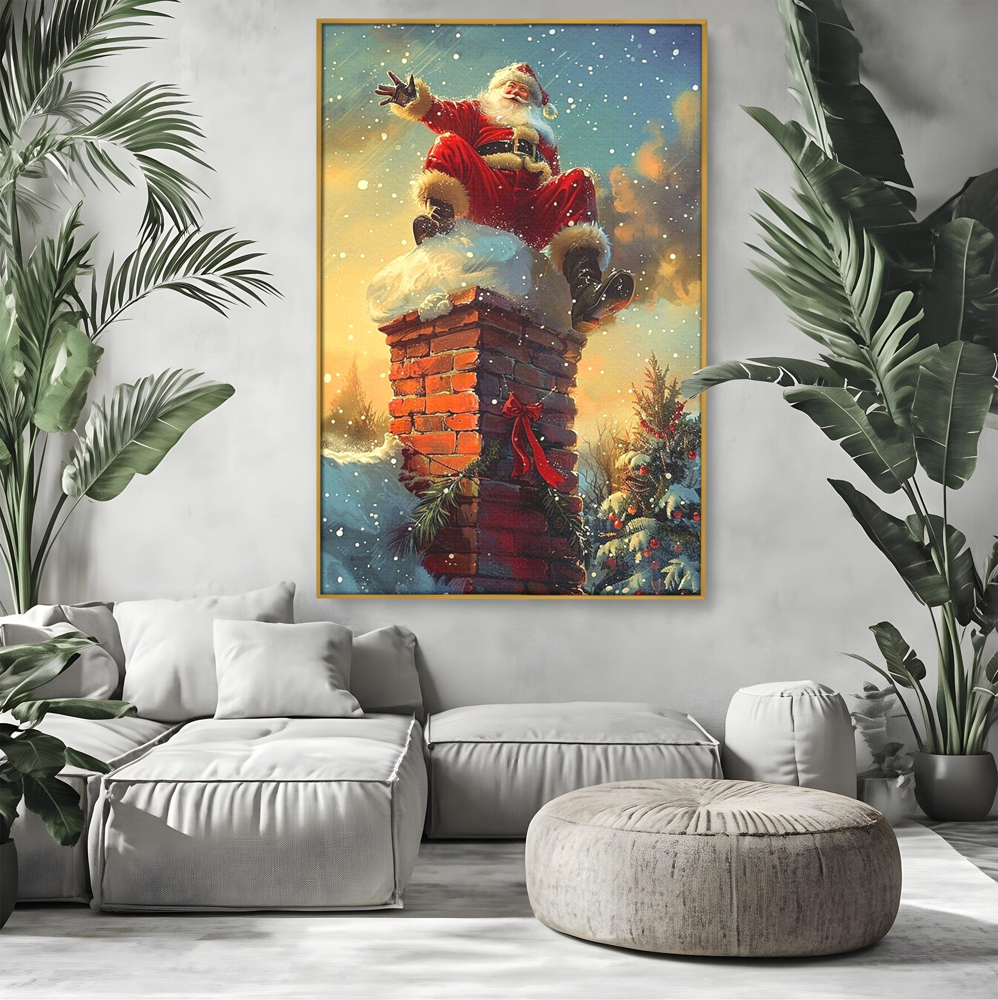 Tablou Canvas Premium LuxCanva® PI1105, Mos Craciun Pe Cos, Surpriza, Horn, Sarbatori, Zapada, Living, Culori Vibrante