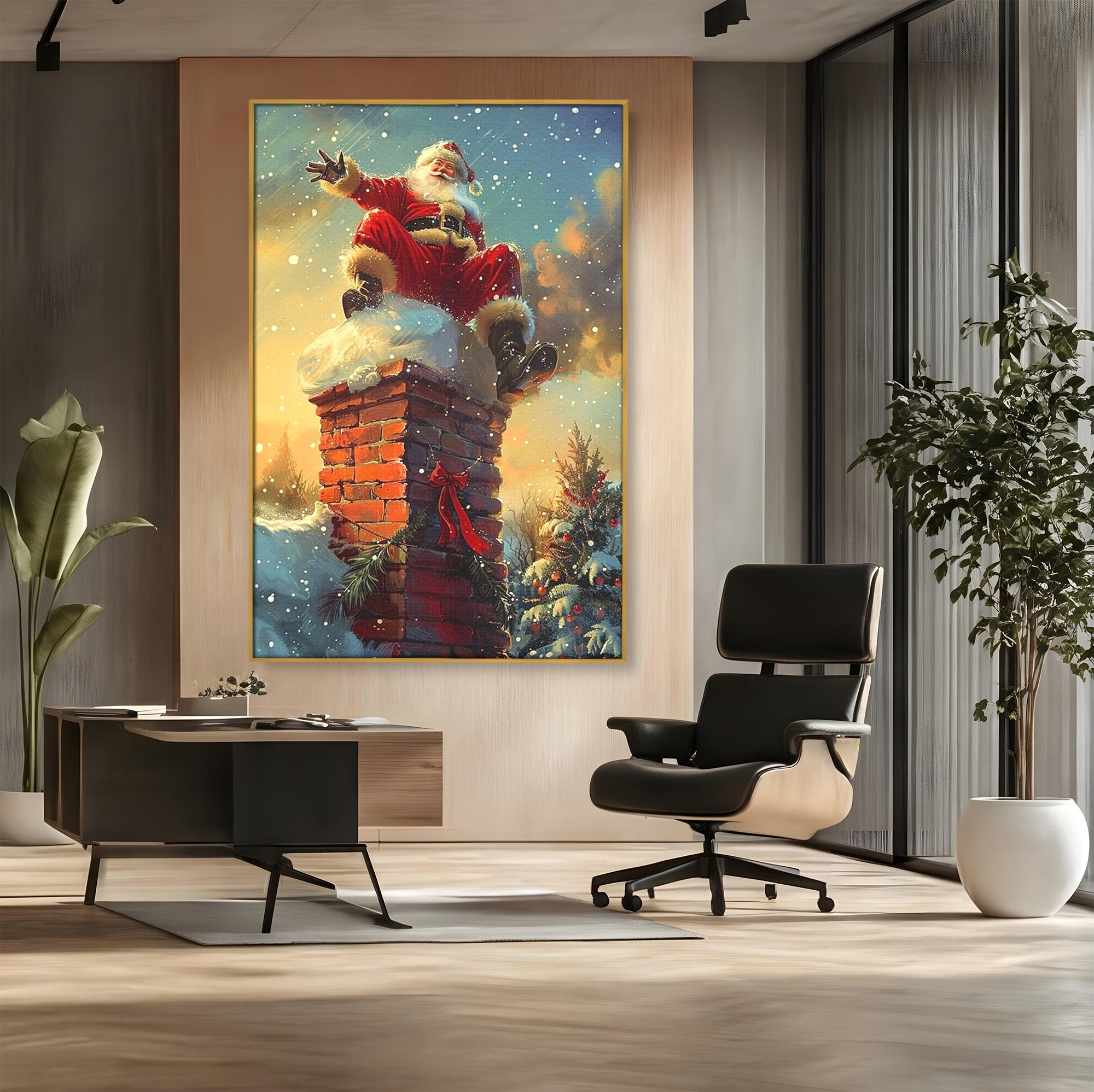 Tablou Canvas Premium LuxCanva® PI1105, Mos Craciun Pe Cos, Surpriza, Horn, Sarbatori, Zapada, Living, Culori Vibrante