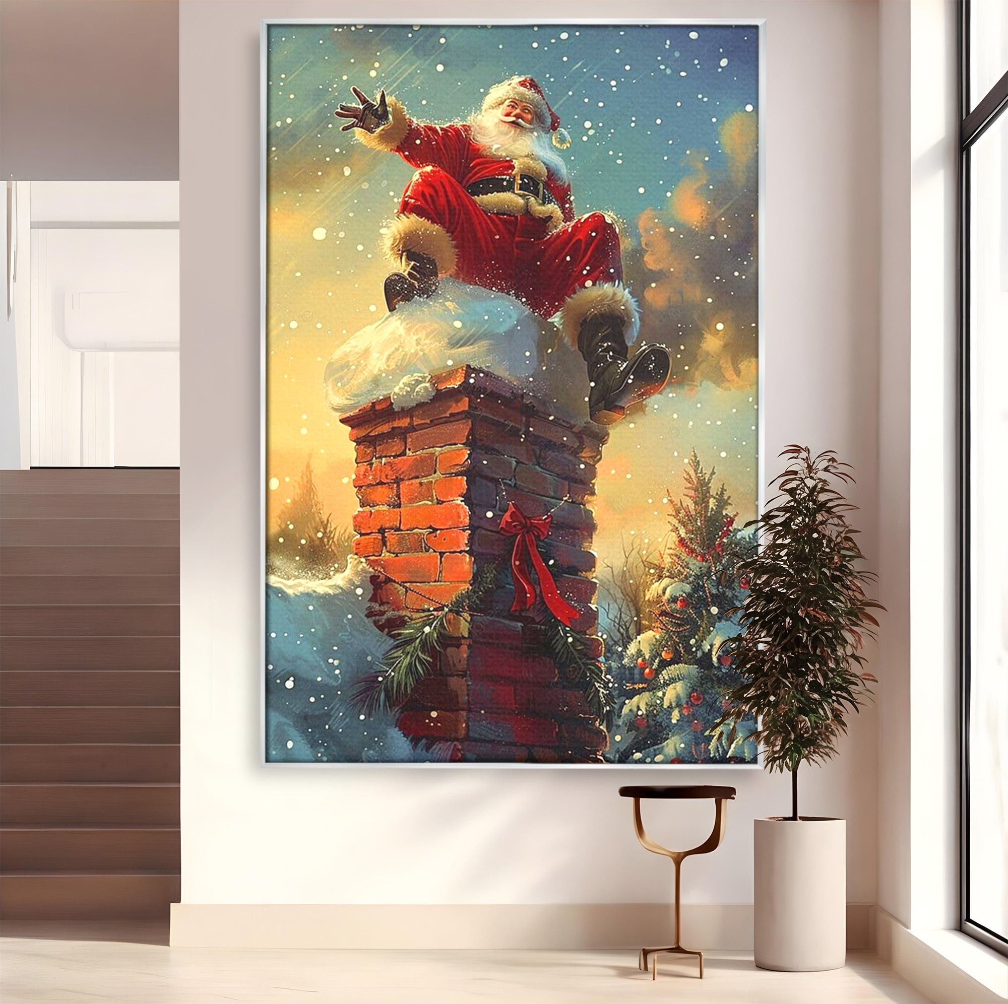 Tablou Canvas Premium LuxCanva® PI1105, Mos Craciun Pe Cos, Surpriza, Horn, Sarbatori, Zapada, Living, Culori Vibrante