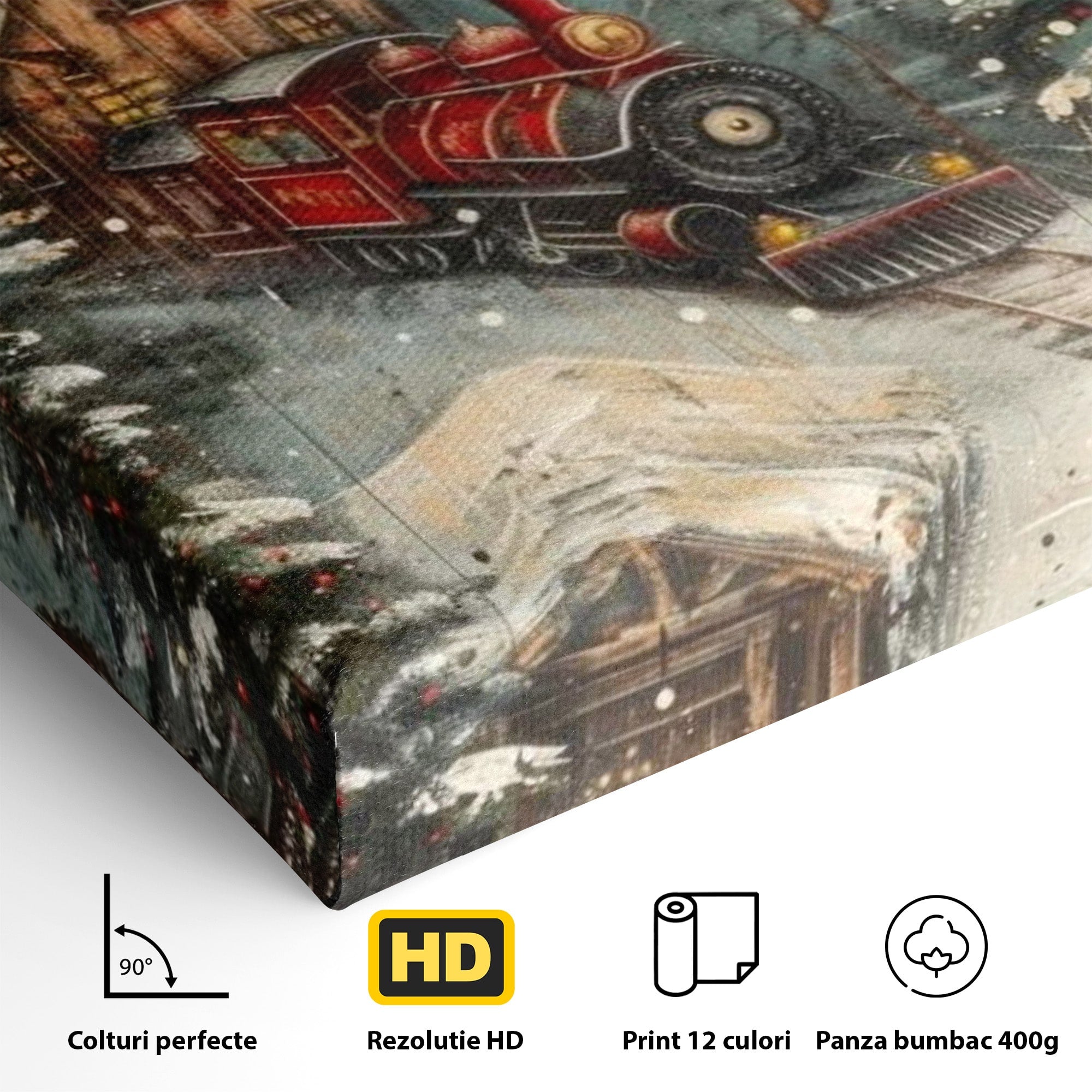 Tablou Canvas Premium LuxCanva® PI1106, Tren De Iarna, Gara, Fum, Calatorie, Peisaj, Cabana, Munti, Living, Natura, Culori Vibrante