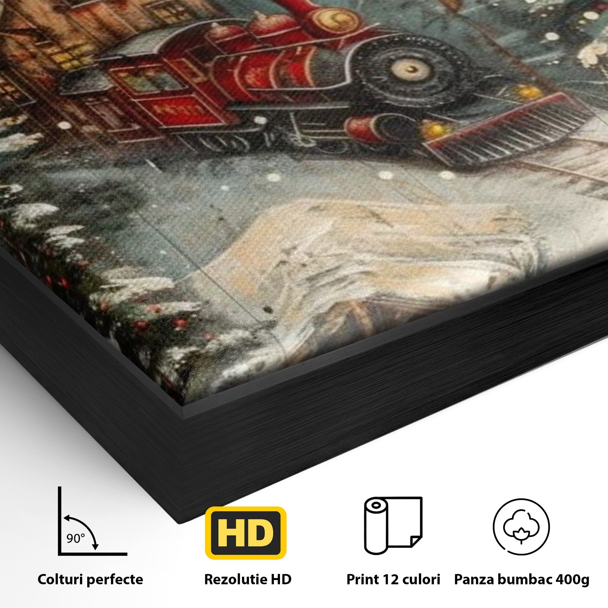 Tablou Canvas Premium LuxCanva® PI1106, Tren De Iarna, Gara, Fum, Calatorie, Peisaj, Cabana, Munti, Living, Natura, Culori Vibrante