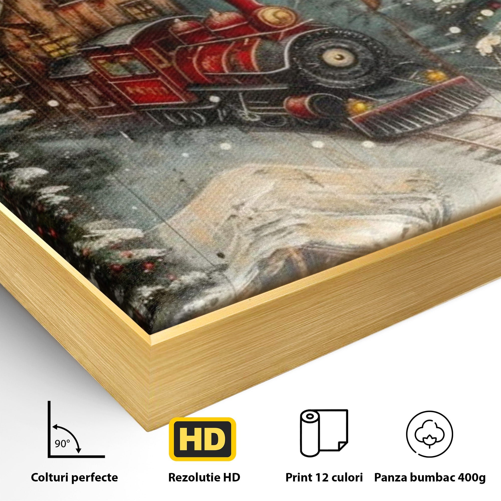 Tablou Canvas Premium LuxCanva® PI1106, Tren De Iarna, Gara, Fum, Calatorie, Peisaj, Cabana, Munti, Living, Natura, Culori Vibrante