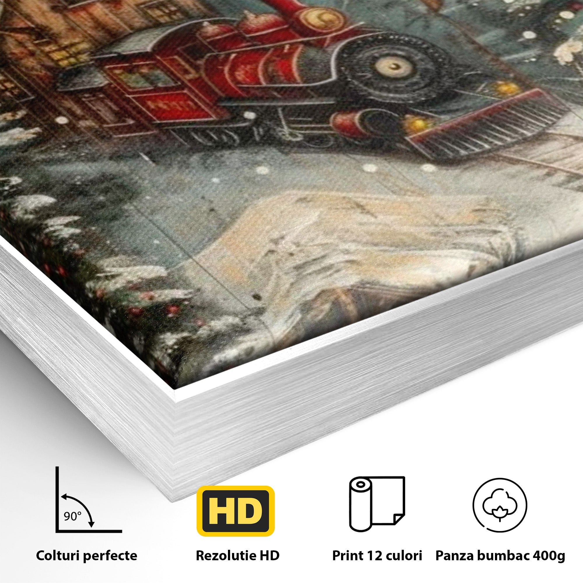 Tablou Canvas Premium LuxCanva® PI1106, Tren De Iarna, Gara, Fum, Calatorie, Peisaj, Cabana, Munti, Living, Natura, Culori Vibrante