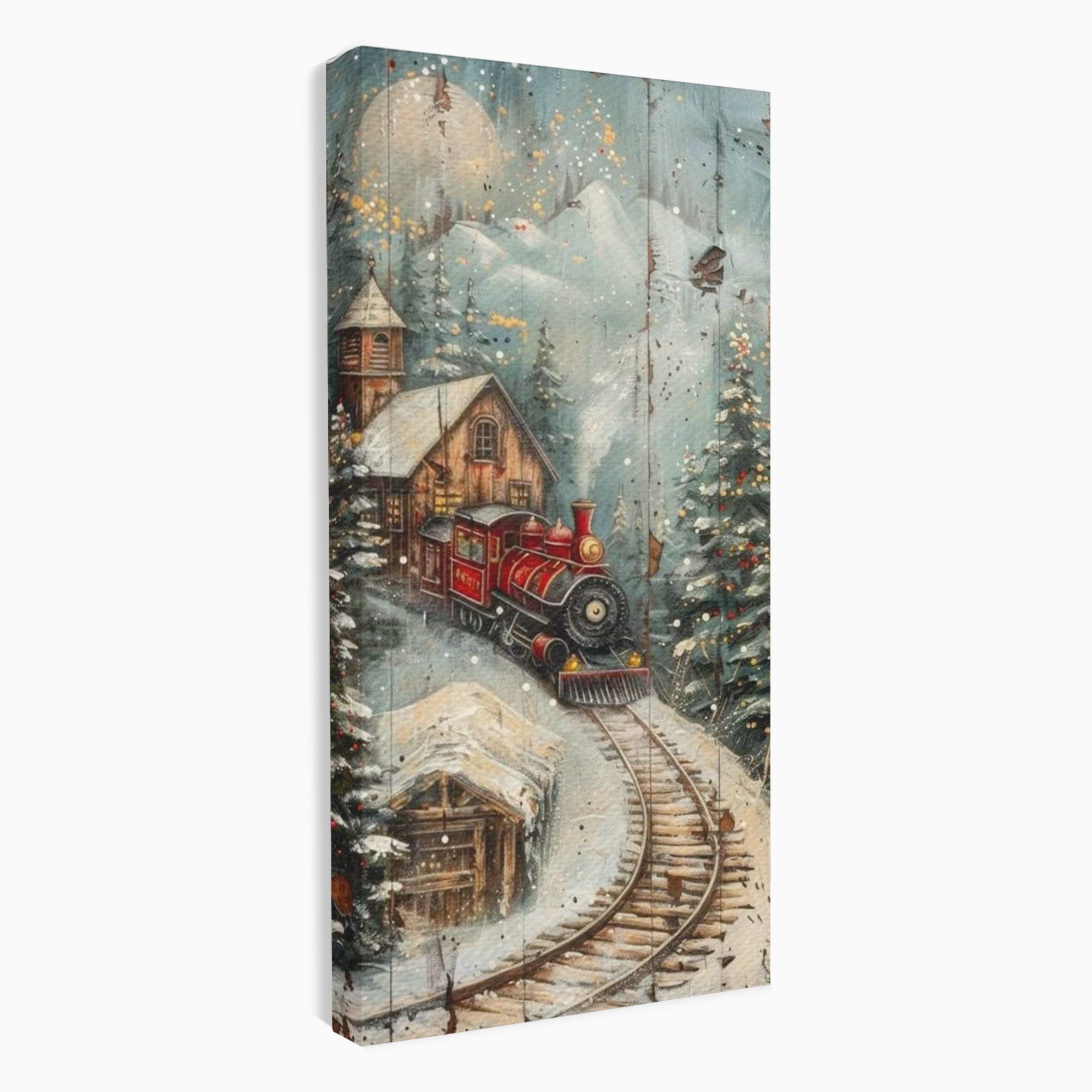 Tablou Canvas Premium LuxCanva® PI1106, Tren De Iarna, Gara, Fum, Calatorie, Peisaj, Cabana, Munti, Living, Natura, Culori Vibrante