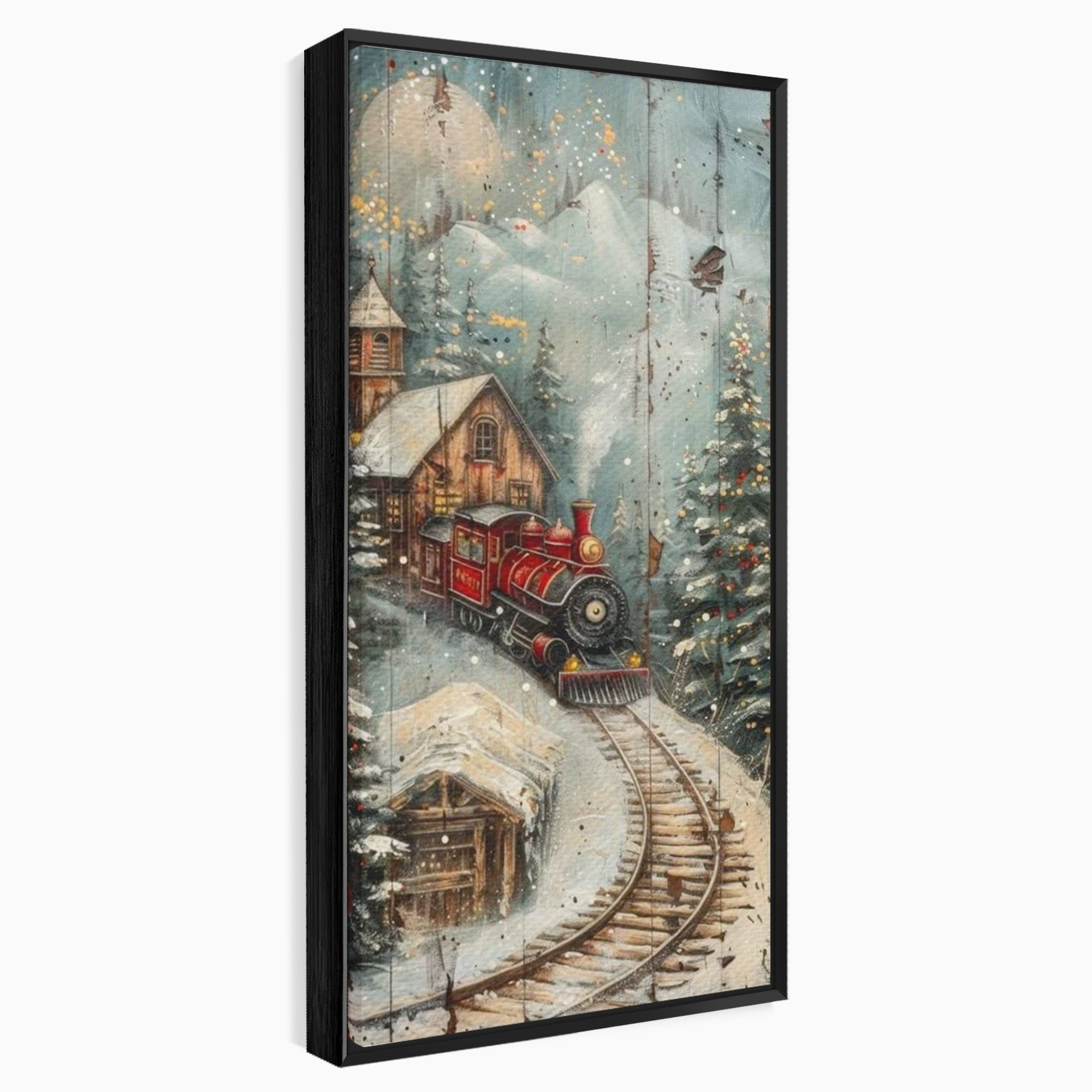 Tablou Canvas Premium LuxCanva® PI1106, Tren De Iarna, Gara, Fum, Calatorie, Peisaj, Cabana, Munti, Living, Natura, Culori Vibrante