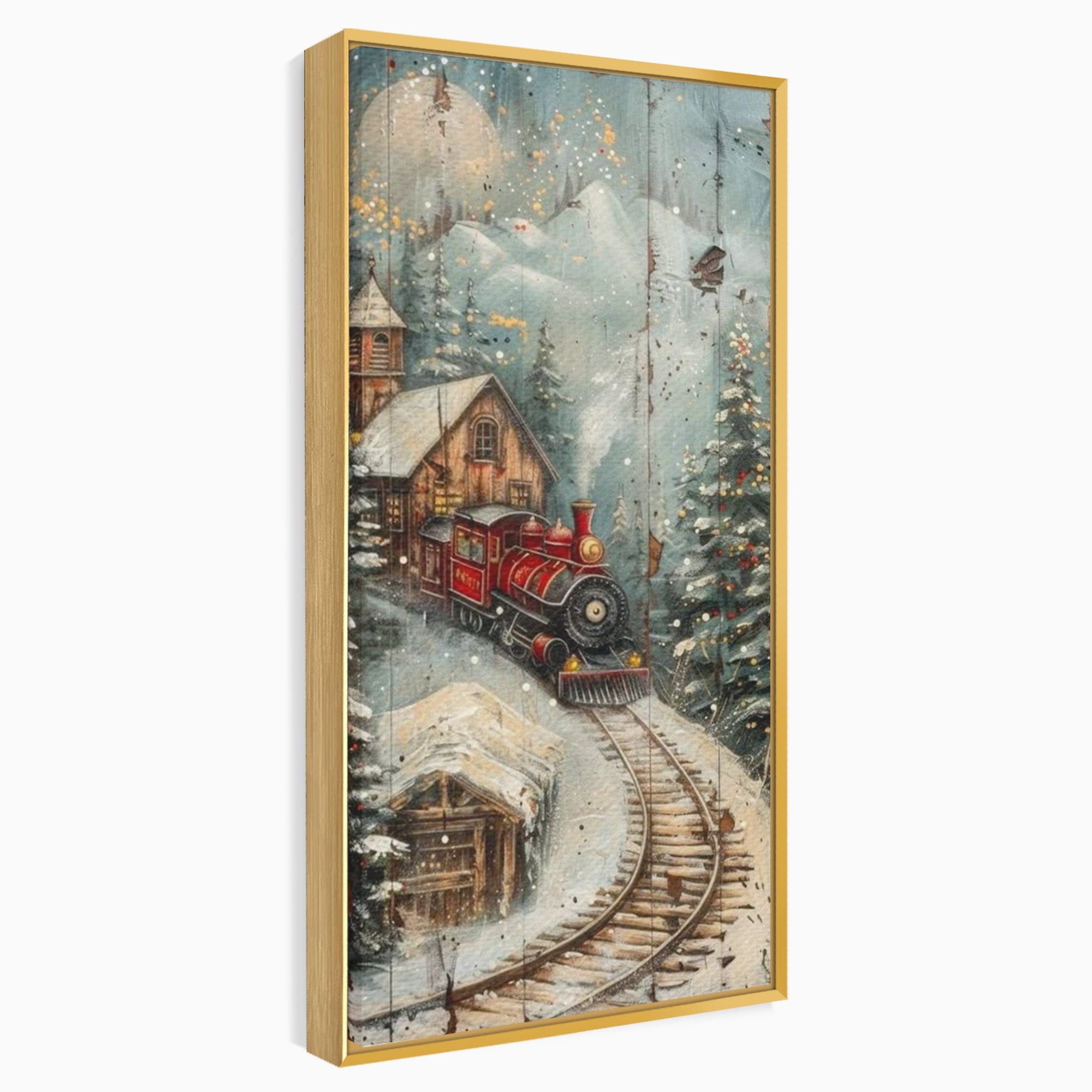 Tablou Canvas Premium LuxCanva® PI1106, Tren De Iarna, Gara, Fum, Calatorie, Peisaj, Cabana, Munti, Living, Natura, Culori Vibrante