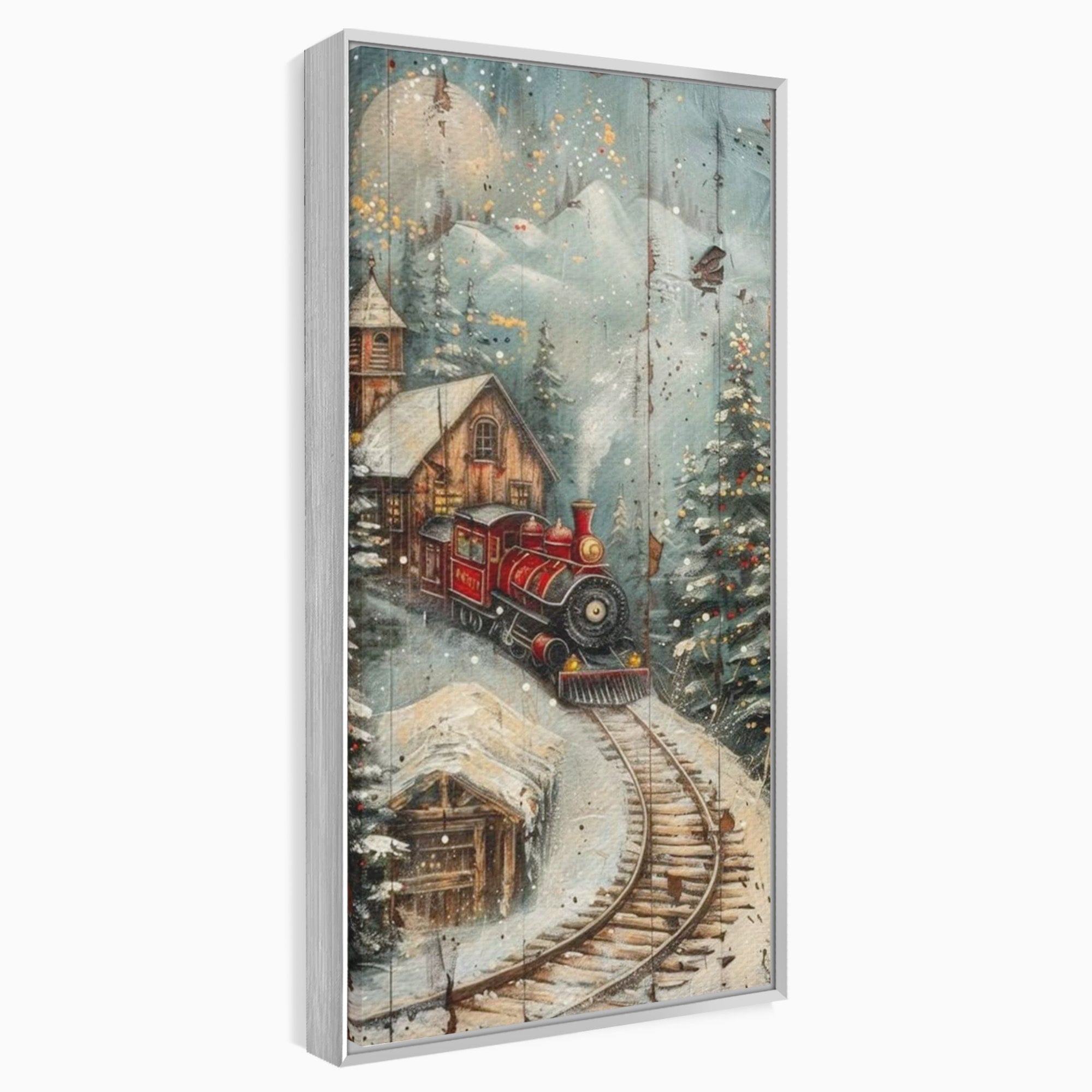Tablou Canvas Premium LuxCanva® PI1106, Tren De Iarna, Gara, Fum, Calatorie, Peisaj, Cabana, Munti, Living, Natura, Culori Vibrante