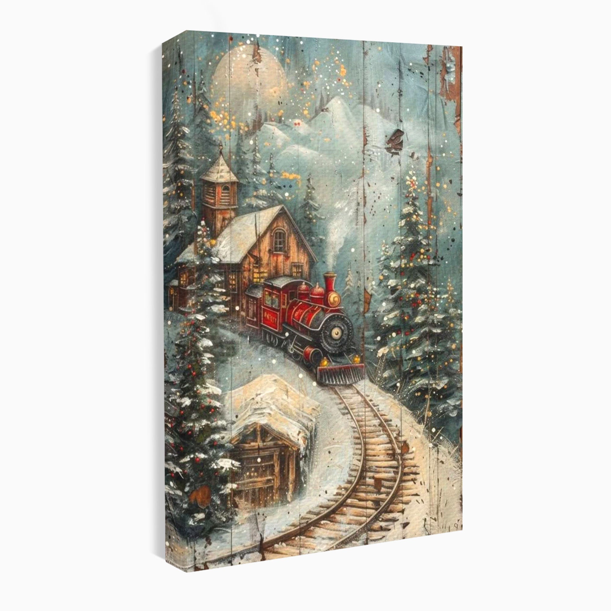 Tablou Canvas Premium LuxCanva® PI1106, Tren De Iarna, Gara, Fum, Calatorie, Peisaj, Cabana, Munti, Living, Natura, Culori Vibrante