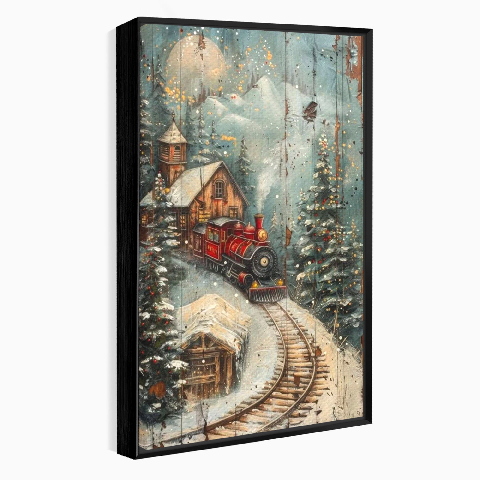 Tablou Canvas Premium LuxCanva® PI1106, Tren De Iarna, Gara, Fum, Calatorie, Peisaj, Cabana, Munti, Living, Natura, Culori Vibrante