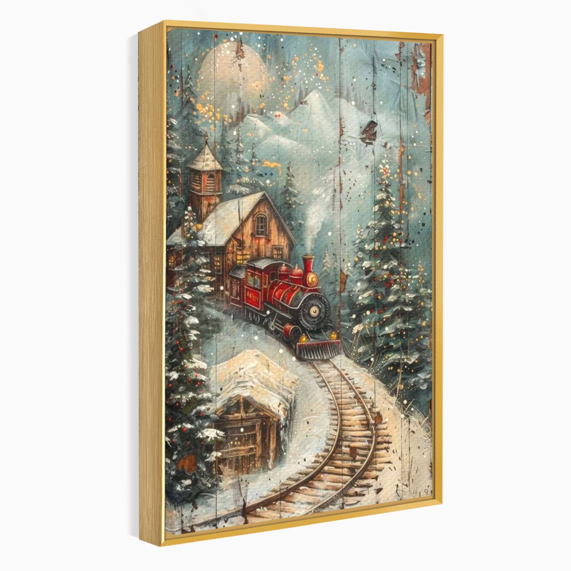 Tablou Canvas Premium LuxCanva® PI1106, Tren De Iarna, Gara, Fum, Calatorie, Peisaj, Cabana, Munti, Living, Natura, Culori Vibrante