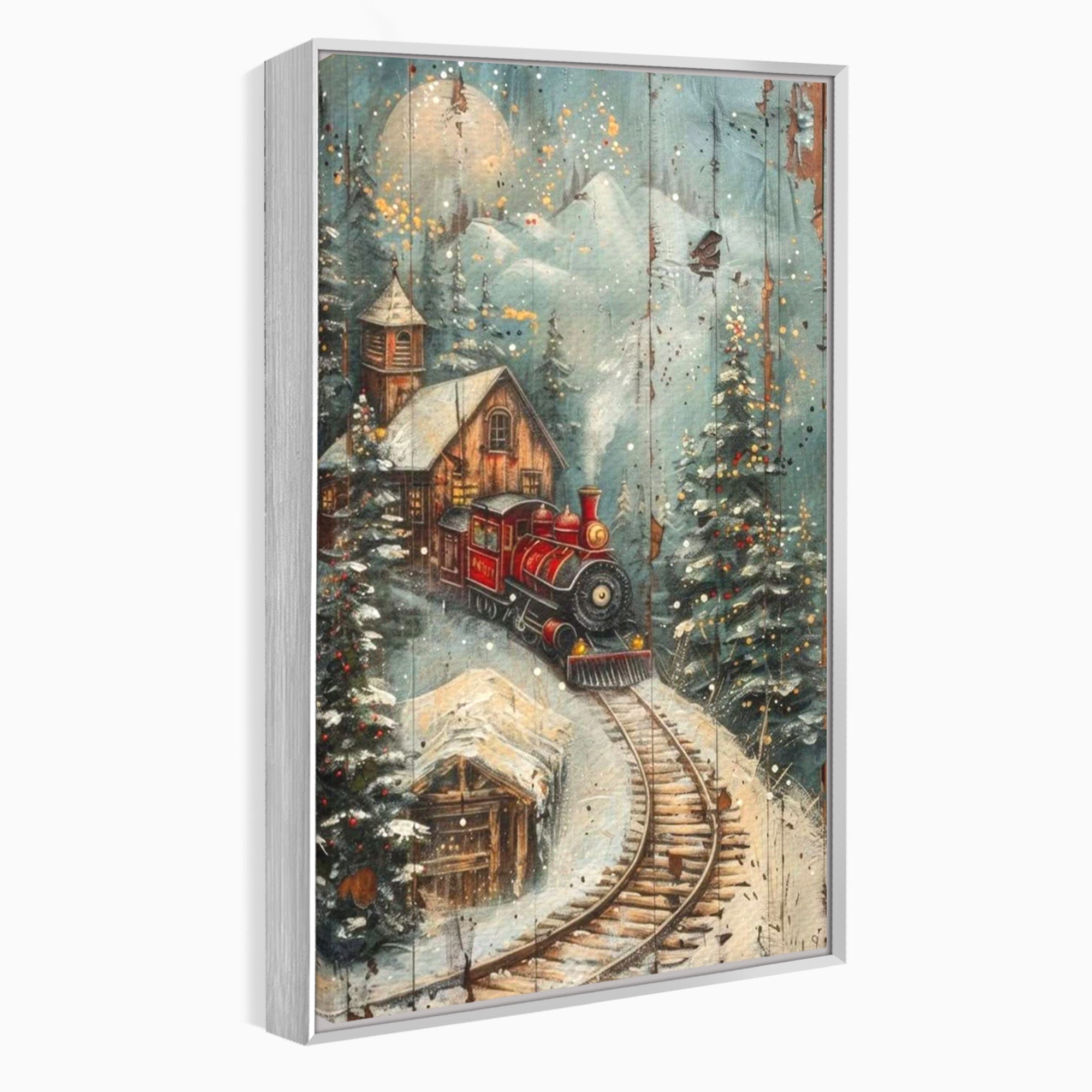 Tablou Canvas Premium LuxCanva® PI1106, Tren De Iarna, Gara, Fum, Calatorie, Peisaj, Cabana, Munti, Living, Natura, Culori Vibrante