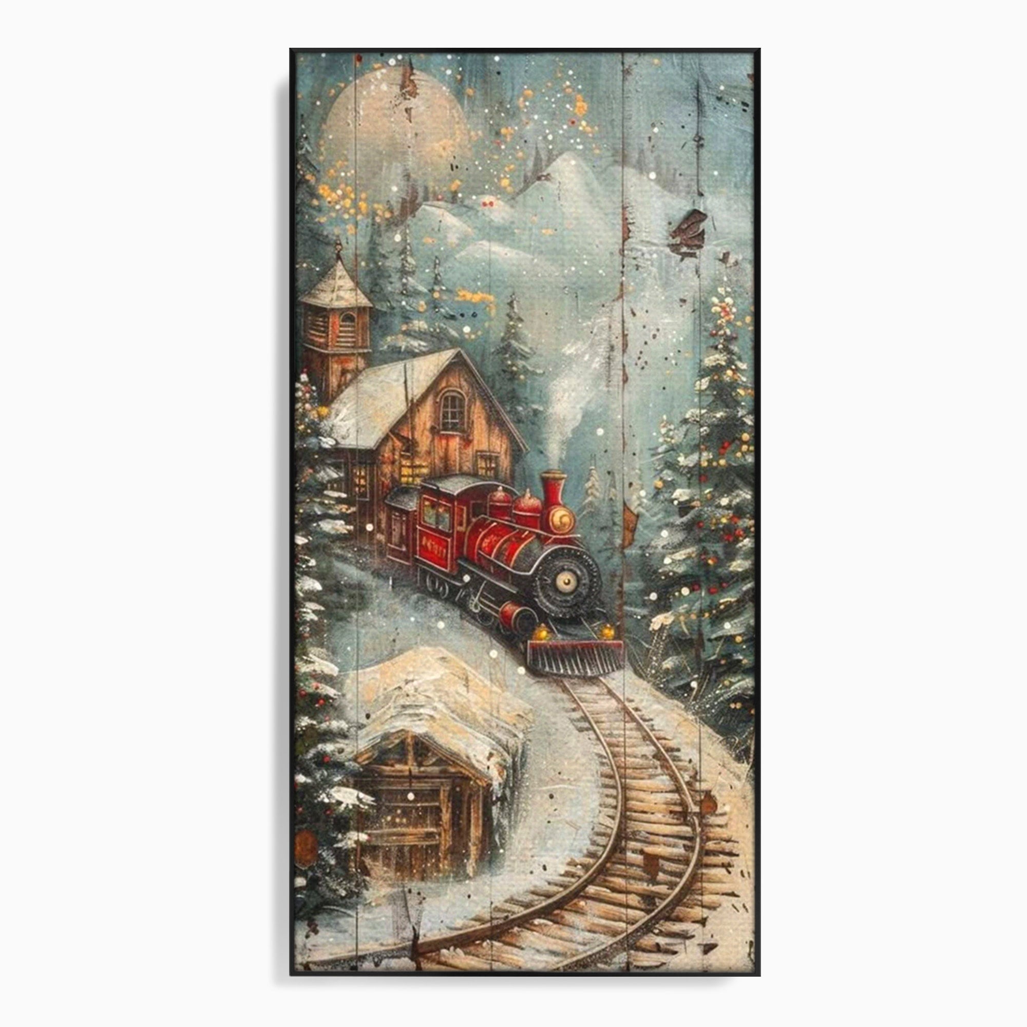 Tablou Canvas Premium LuxCanva® PI1106, Tren De Iarna, Gara, Fum, Calatorie, Peisaj, Cabana, Munti, Living, Natura, Culori Vibrante