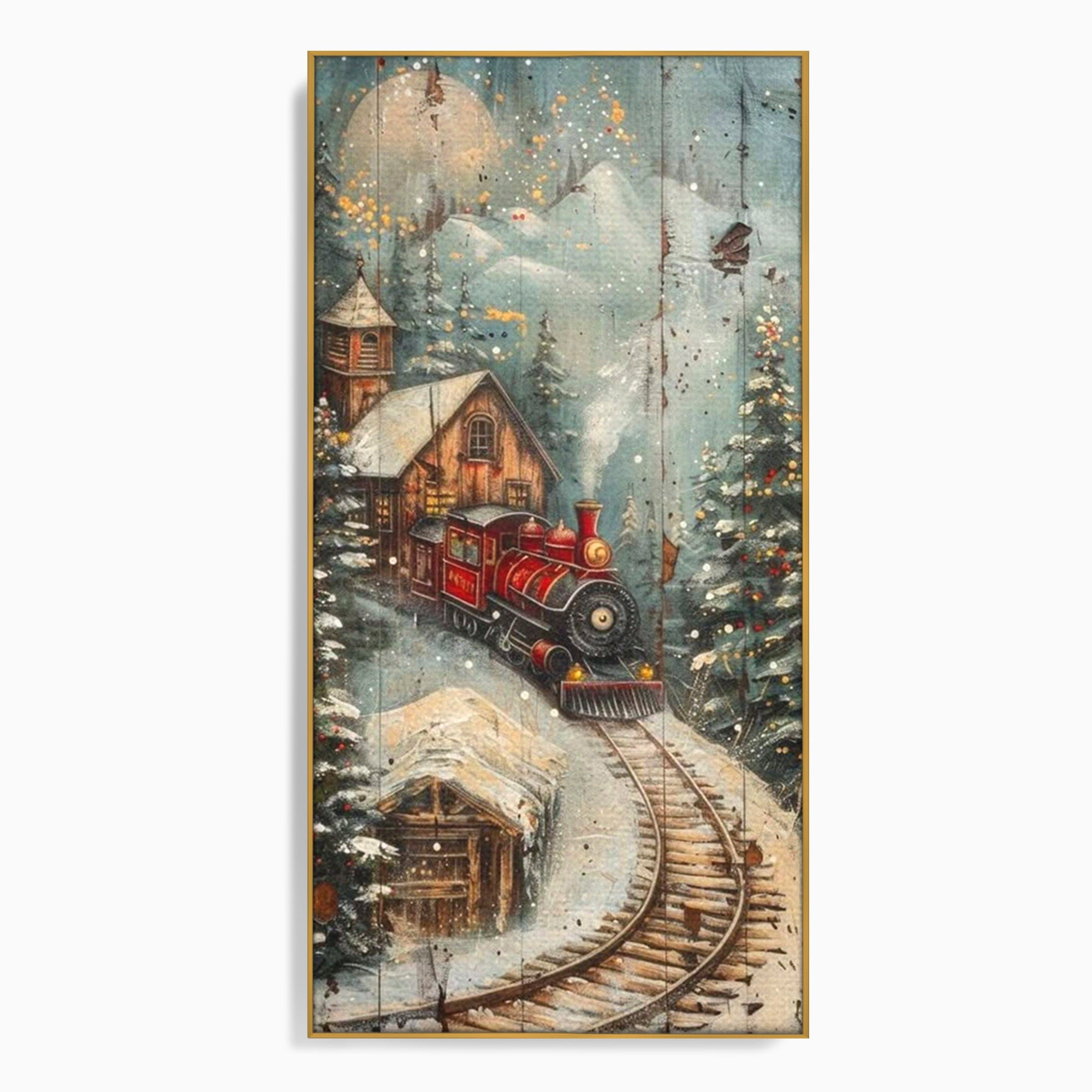 Tablou Canvas Premium LuxCanva® PI1106, Tren De Iarna, Gara, Fum, Calatorie, Peisaj, Cabana, Munti, Living, Natura, Culori Vibrante