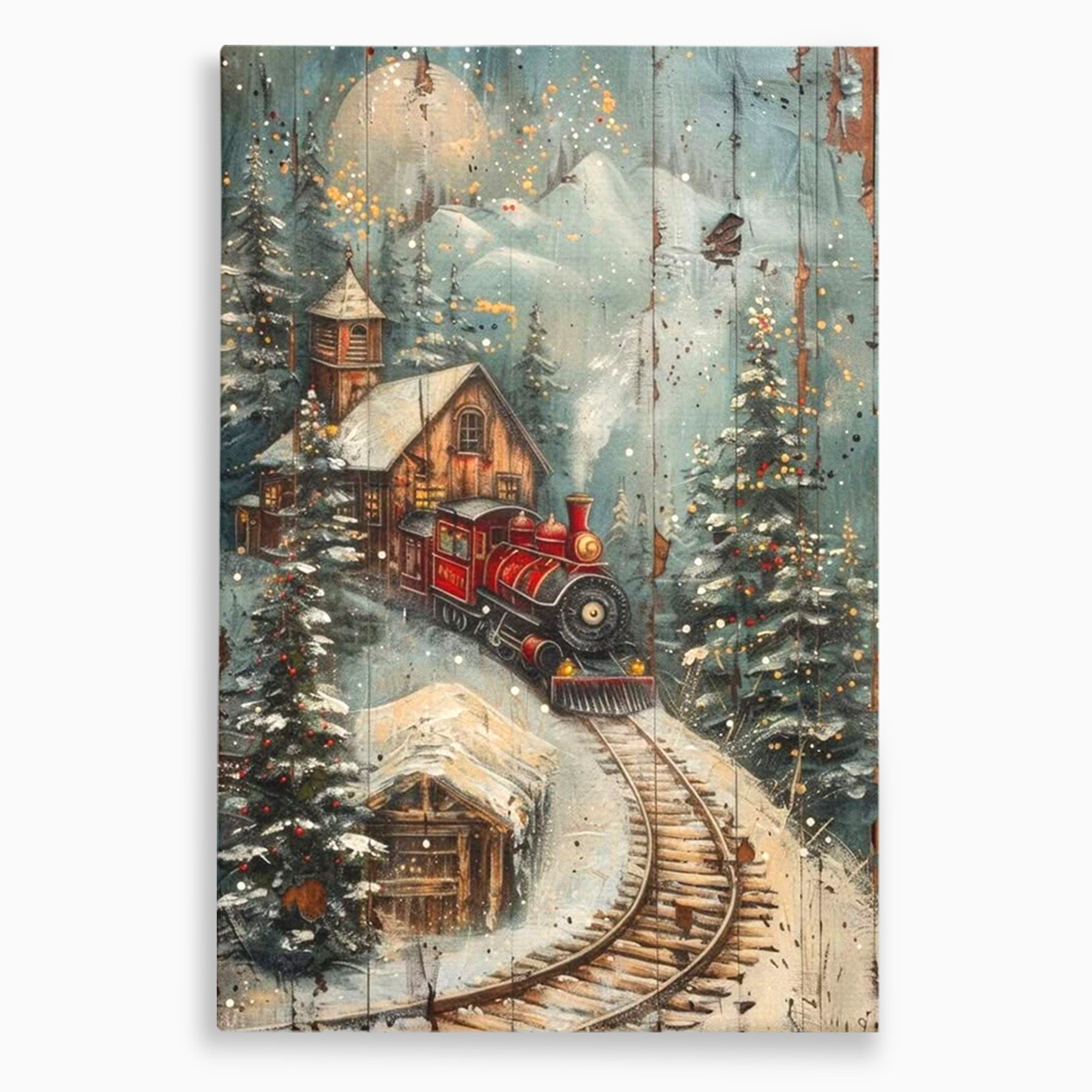 Tablou Canvas Premium LuxCanva® PI1106, Tren De Iarna, Gara, Fum, Calatorie, Peisaj, Cabana, Munti, Living, Natura, Culori Vibrante