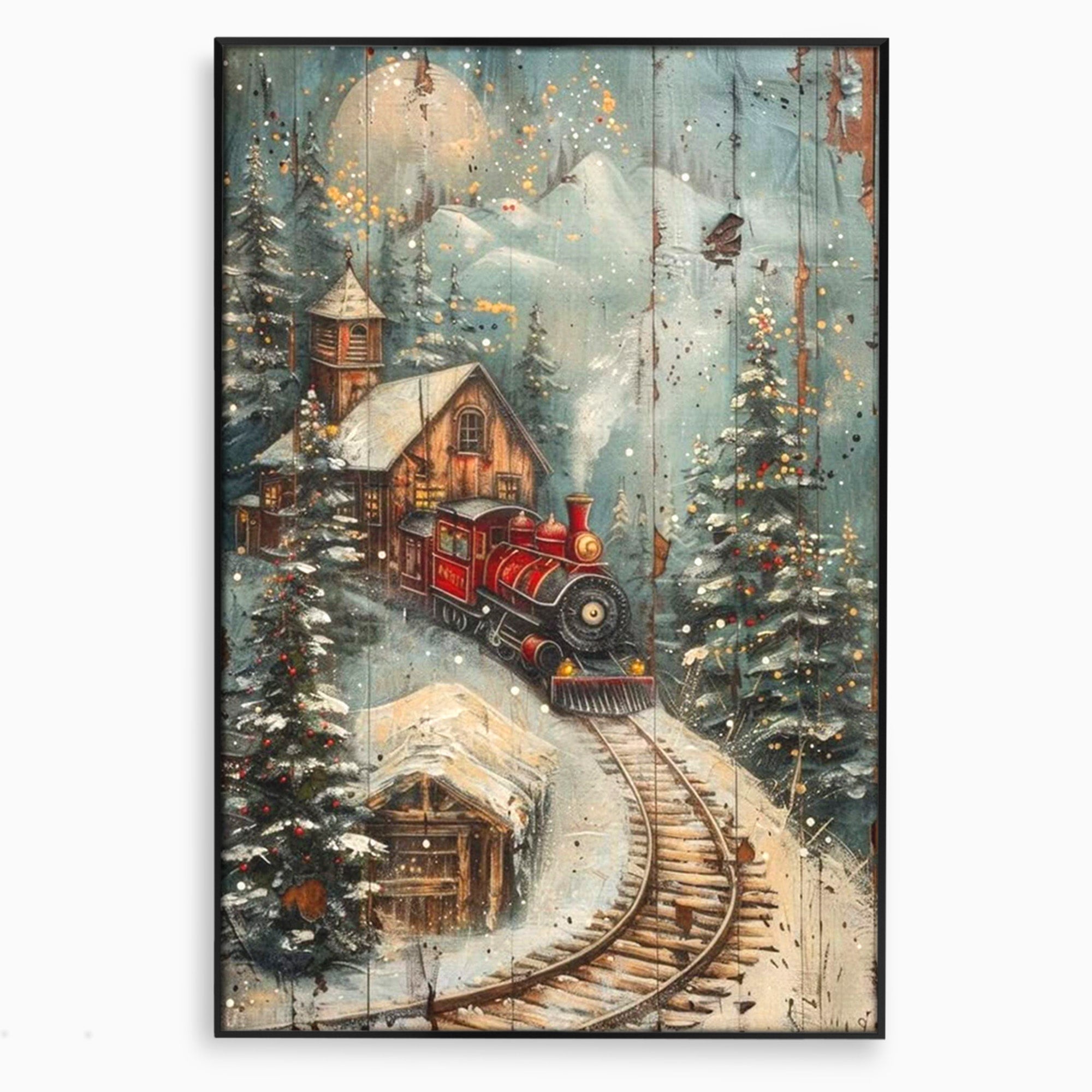 Tablou Canvas Premium LuxCanva® PI1106, Tren De Iarna, Gara, Fum, Calatorie, Peisaj, Cabana, Munti, Living, Natura, Culori Vibrante