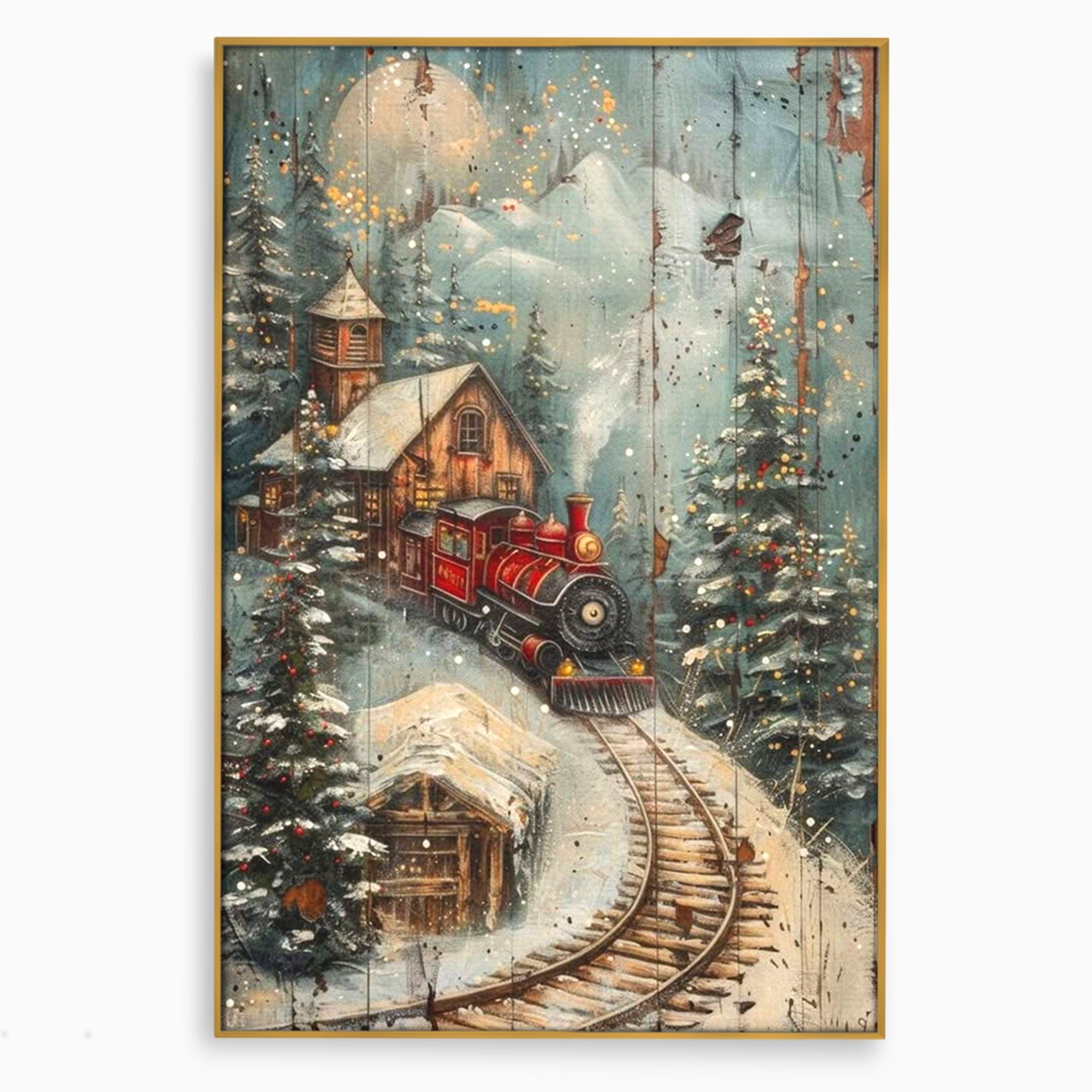 Tablou Canvas Premium LuxCanva® PI1106, Tren De Iarna, Gara, Fum, Calatorie, Peisaj, Cabana, Munti, Living, Natura, Culori Vibrante
