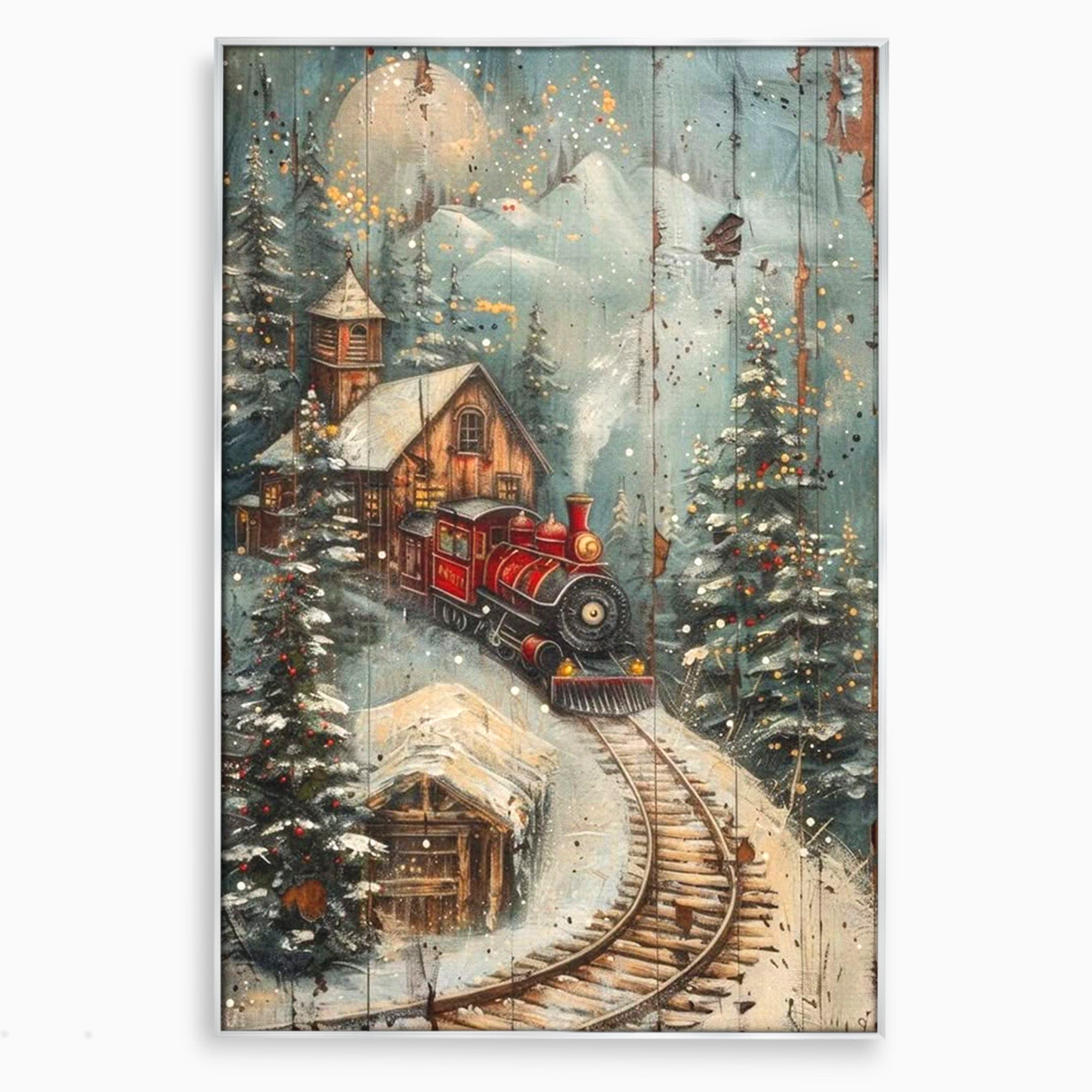 Tablou Canvas Premium LuxCanva® PI1106, Tren De Iarna, Gara, Fum, Calatorie, Peisaj, Cabana, Munti, Living, Natura, Culori Vibrante