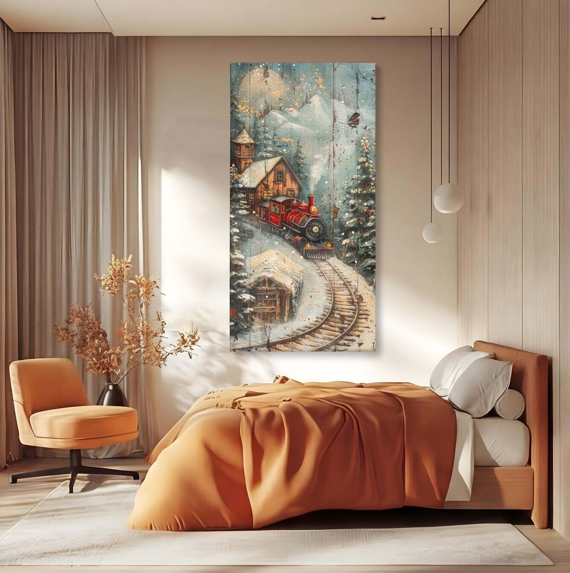 Tablou Canvas Premium LuxCanva® PI1106, Tren De Iarna, Gara, Fum, Calatorie, Peisaj, Cabana, Munti, Living, Natura, Culori Vibrante