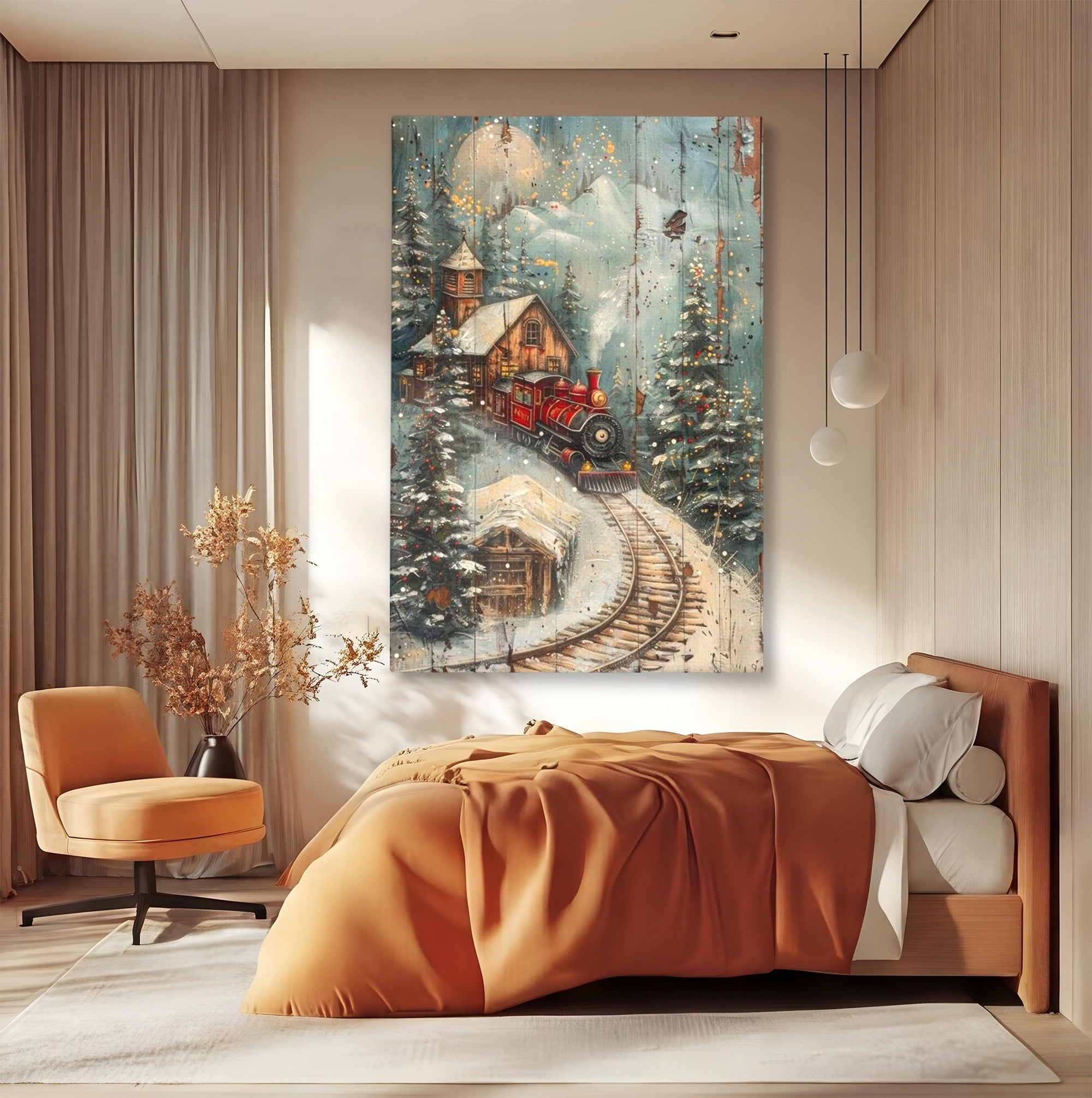 Tablou Canvas Premium LuxCanva® PI1106, Tren De Iarna, Gara, Fum, Calatorie, Peisaj, Cabana, Munti, Living, Natura, Culori Vibrante
