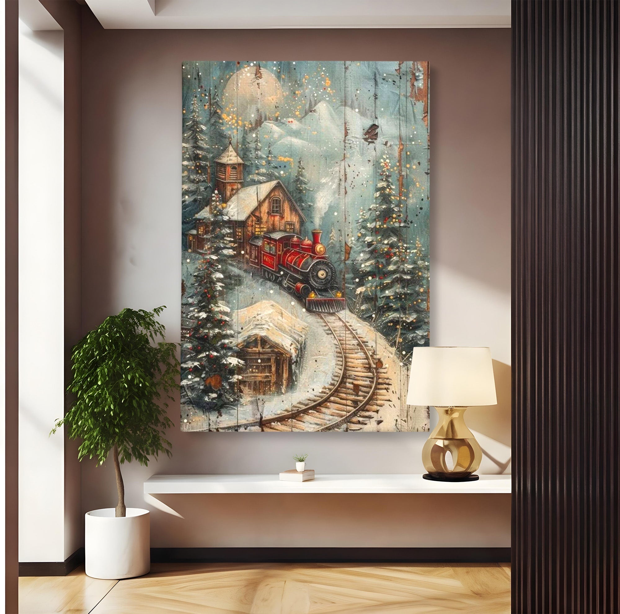 Tablou Canvas Premium LuxCanva® PI1106, Tren De Iarna, Gara, Fum, Calatorie, Peisaj, Cabana, Munti, Living, Natura, Culori Vibrante