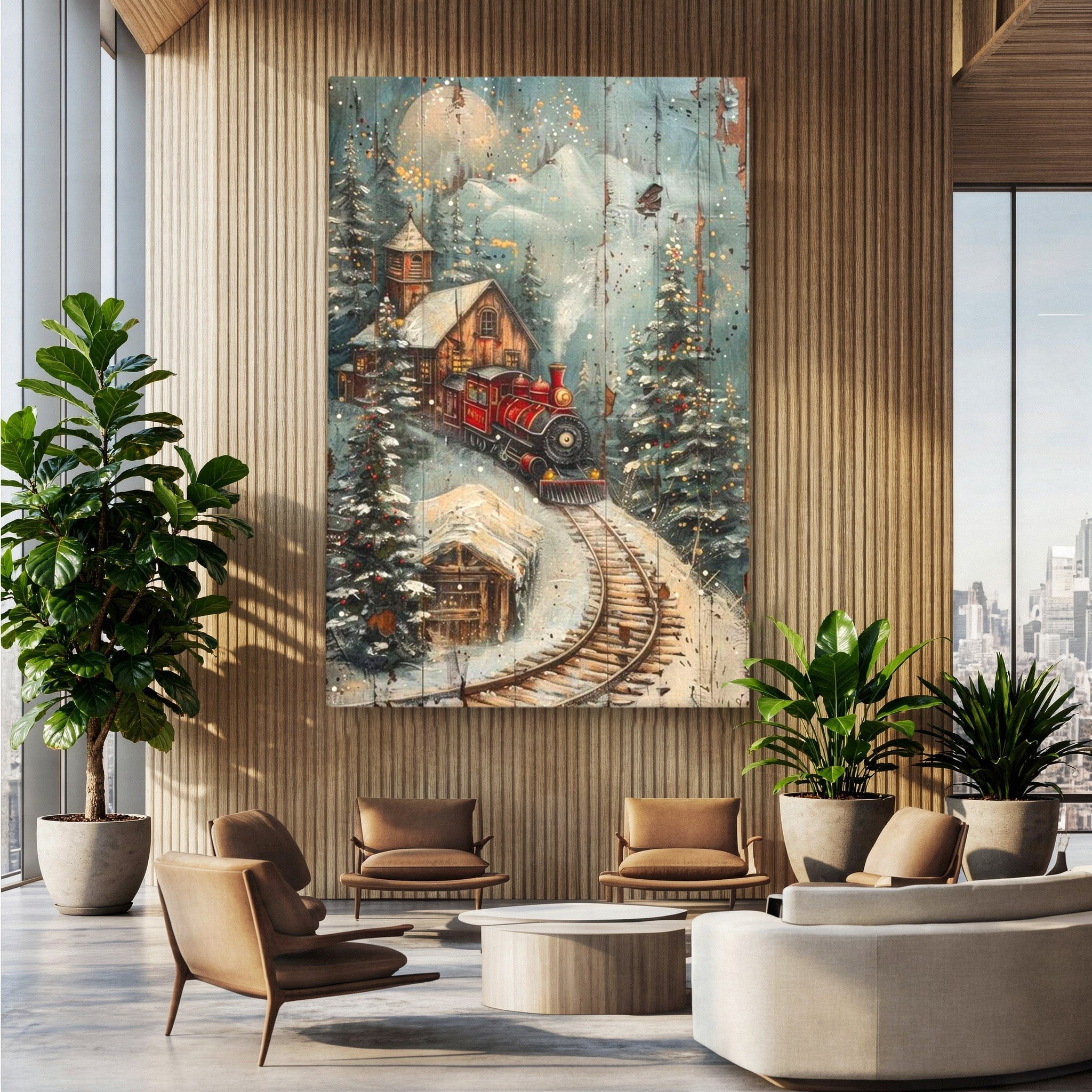 Tablou Canvas Premium LuxCanva® PI1106, Tren De Iarna, Gara, Fum, Calatorie, Peisaj, Cabana, Munti, Living, Natura, Culori Vibrante