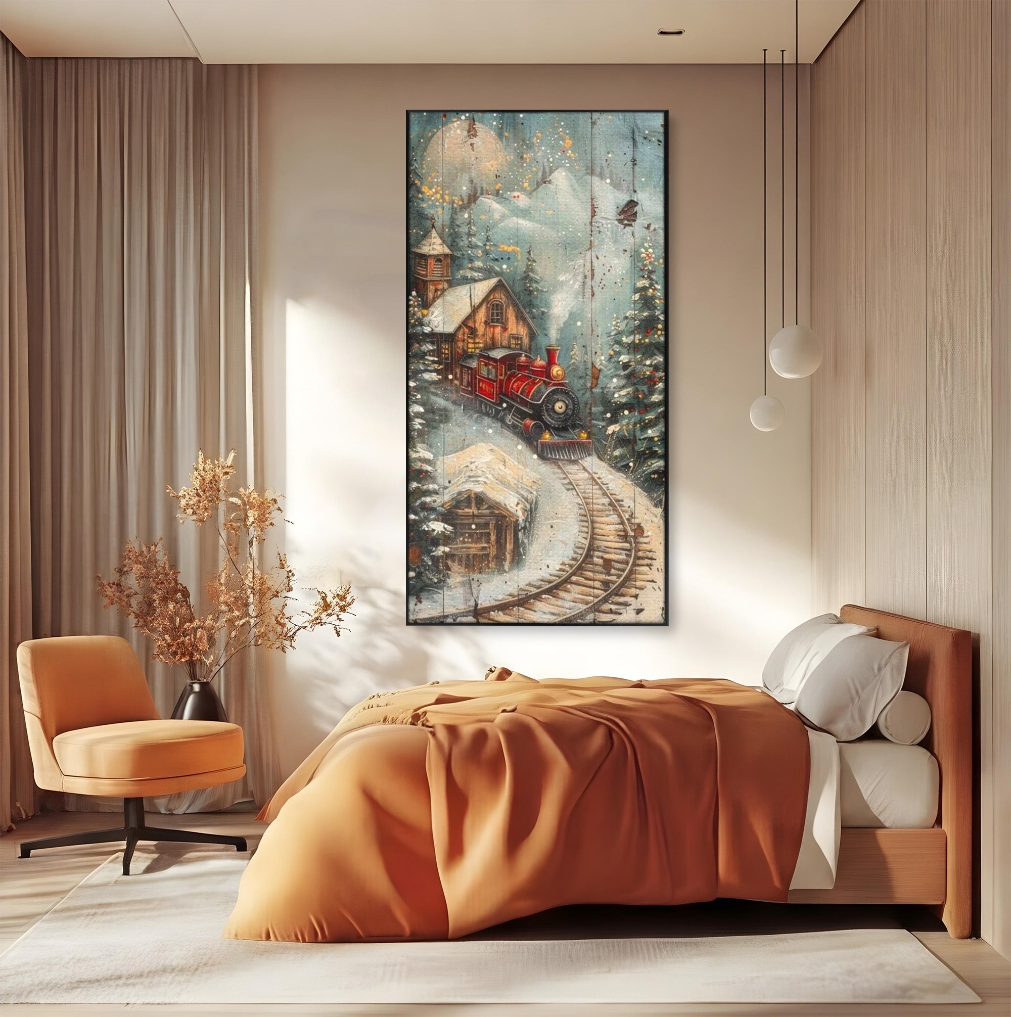 Tablou Canvas Premium LuxCanva® PI1106, Tren De Iarna, Gara, Fum, Calatorie, Peisaj, Cabana, Munti, Living, Natura, Culori Vibrante