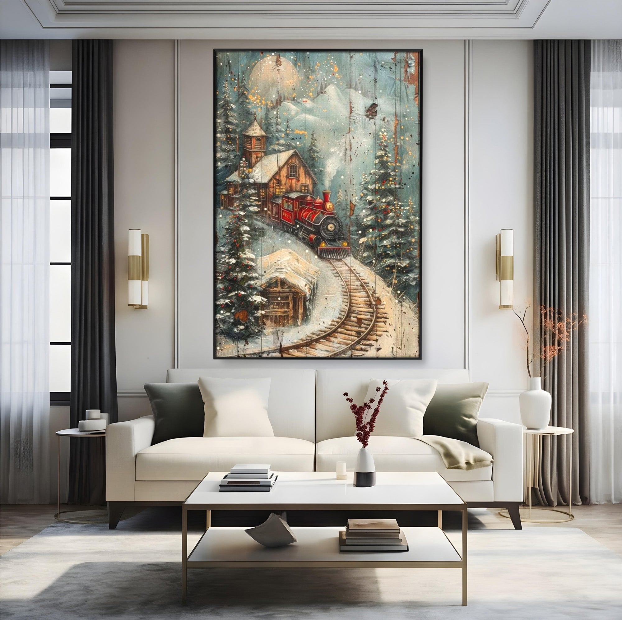 Tablou Canvas Premium LuxCanva® PI1106, Tren De Iarna, Gara, Fum, Calatorie, Peisaj, Cabana, Munti, Living, Natura, Culori Vibrante
