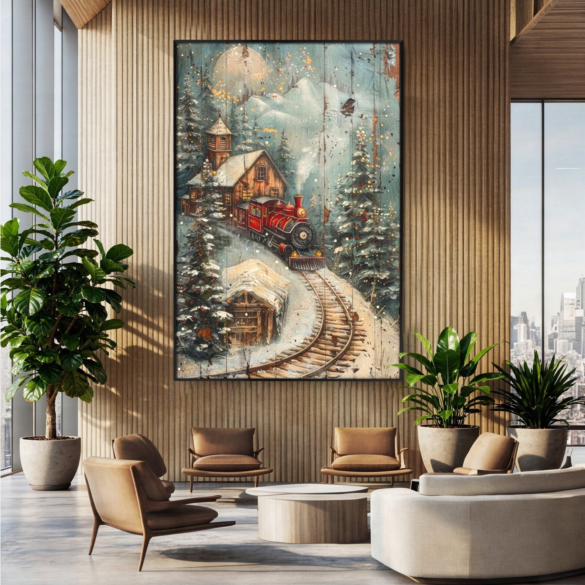 Tablou Canvas Premium LuxCanva® PI1106, Tren De Iarna, Gara, Fum, Calatorie, Peisaj, Cabana, Munti, Living, Natura, Culori Vibrante