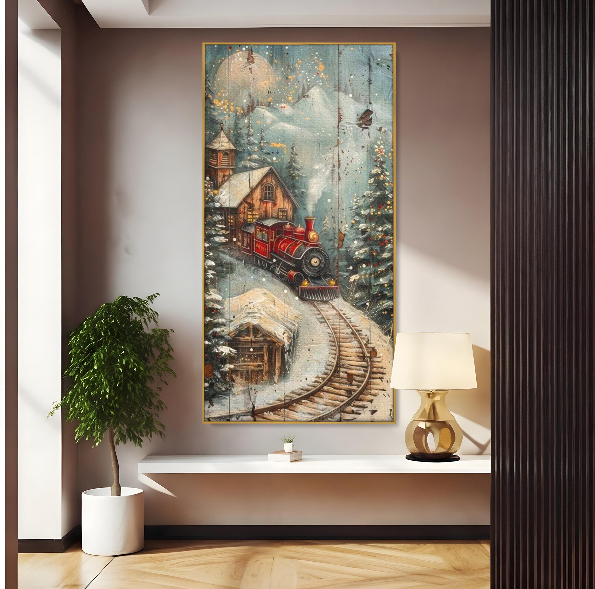 Tablou Canvas Premium LuxCanva® PI1106, Tren De Iarna, Gara, Fum, Calatorie, Peisaj, Cabana, Munti, Living, Natura, Culori Vibrante